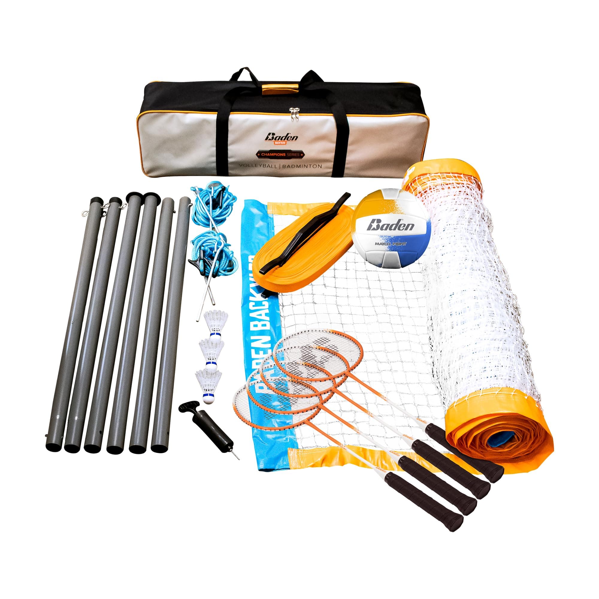 Champions Volleyball/Badminton Portable Combo Set, 4 Raquets + 3 Birdies + Boundary + Volleyball + Pump + Carry Bag