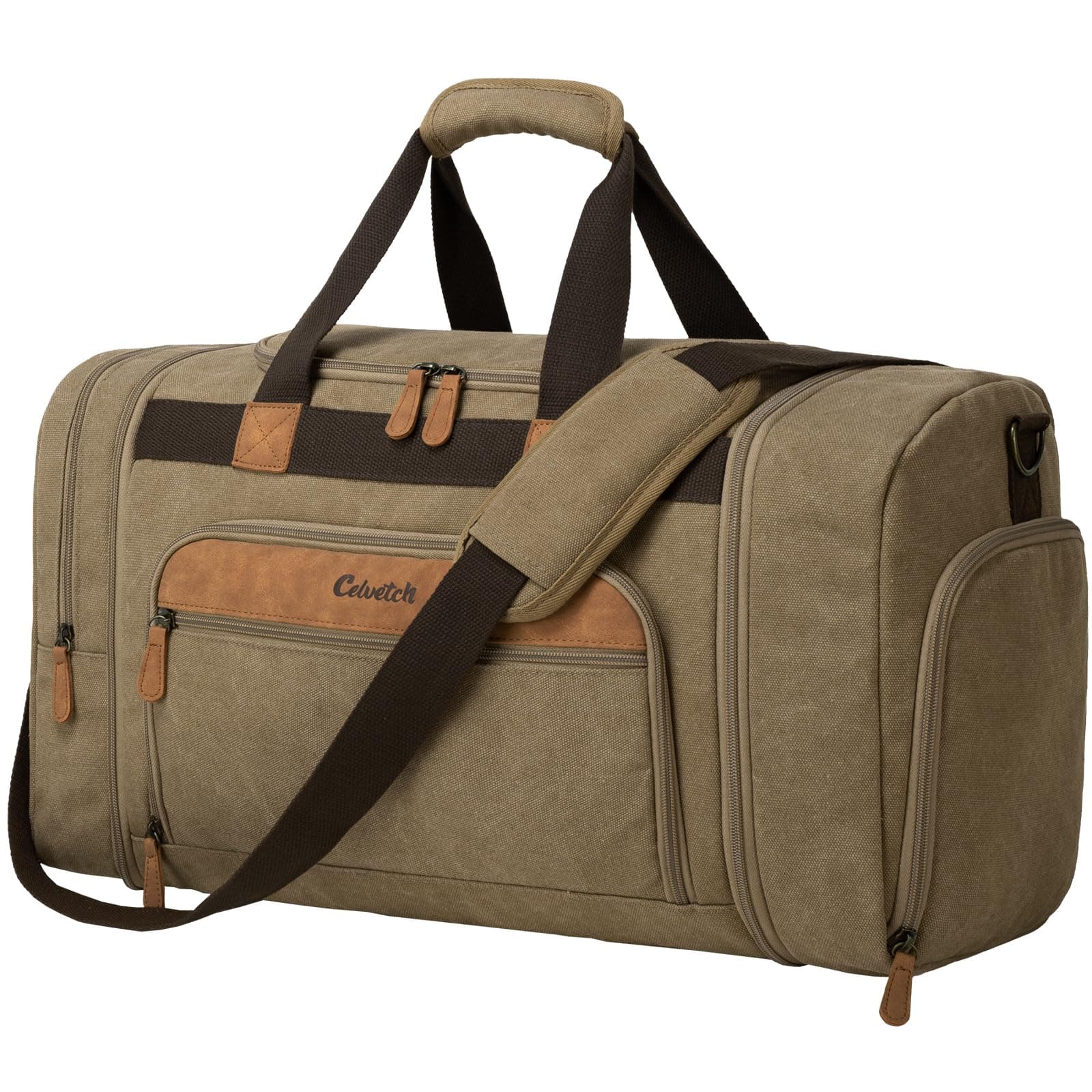 Canvas Duffle Bag for Travel 50L Expandable Travel Duffel Bags for Men Women Weekender Overnight Bag with Shoes Compartment - Brown