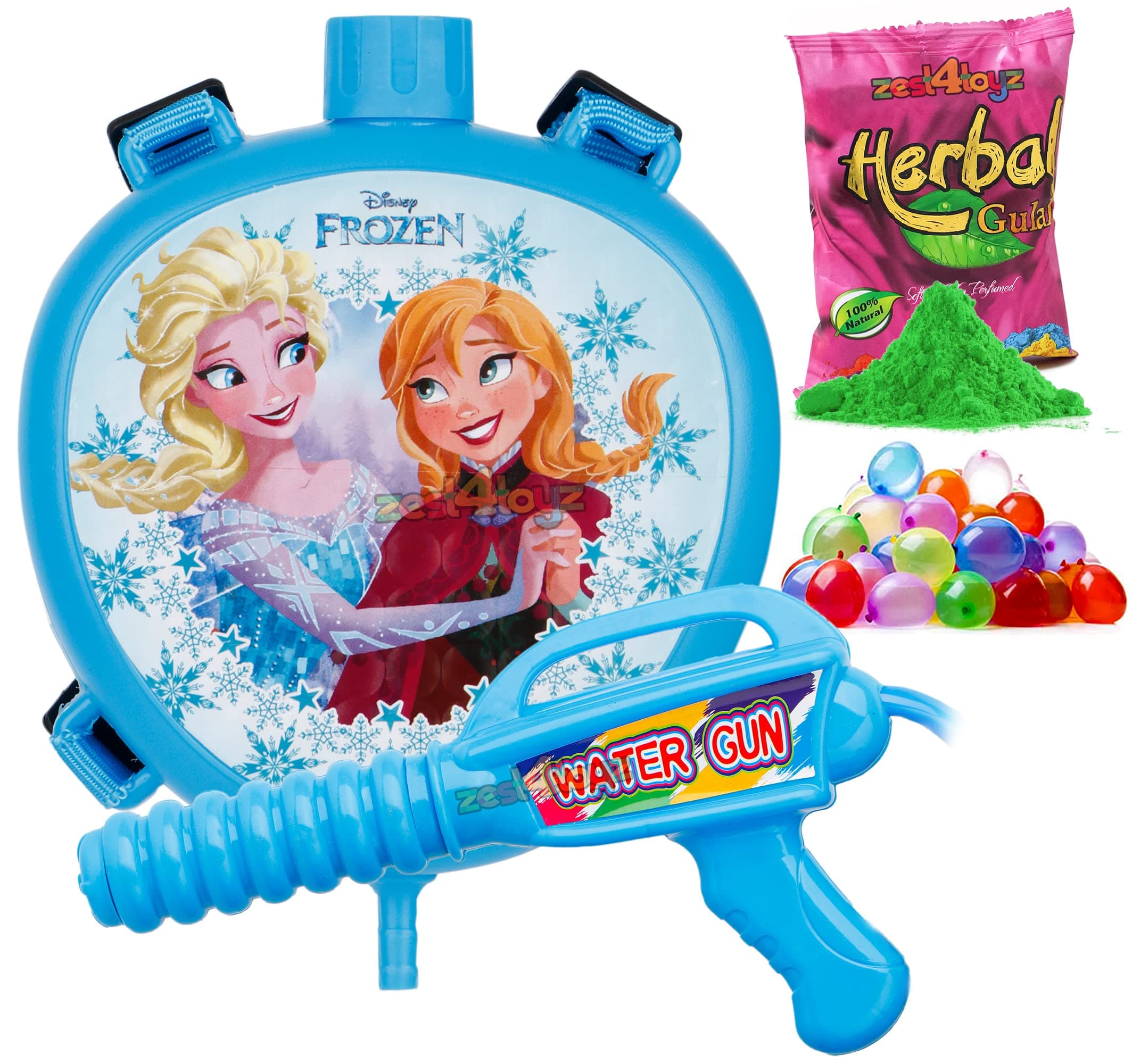 Zest 4 Toyz Holi Water Pichkari for Kids Holi Backpack Water Tank with 1 Pkt Herbal Gulal and 100 Water Balloons for Holi Celebration- Boys & Girls(Blue)- Mini Tank