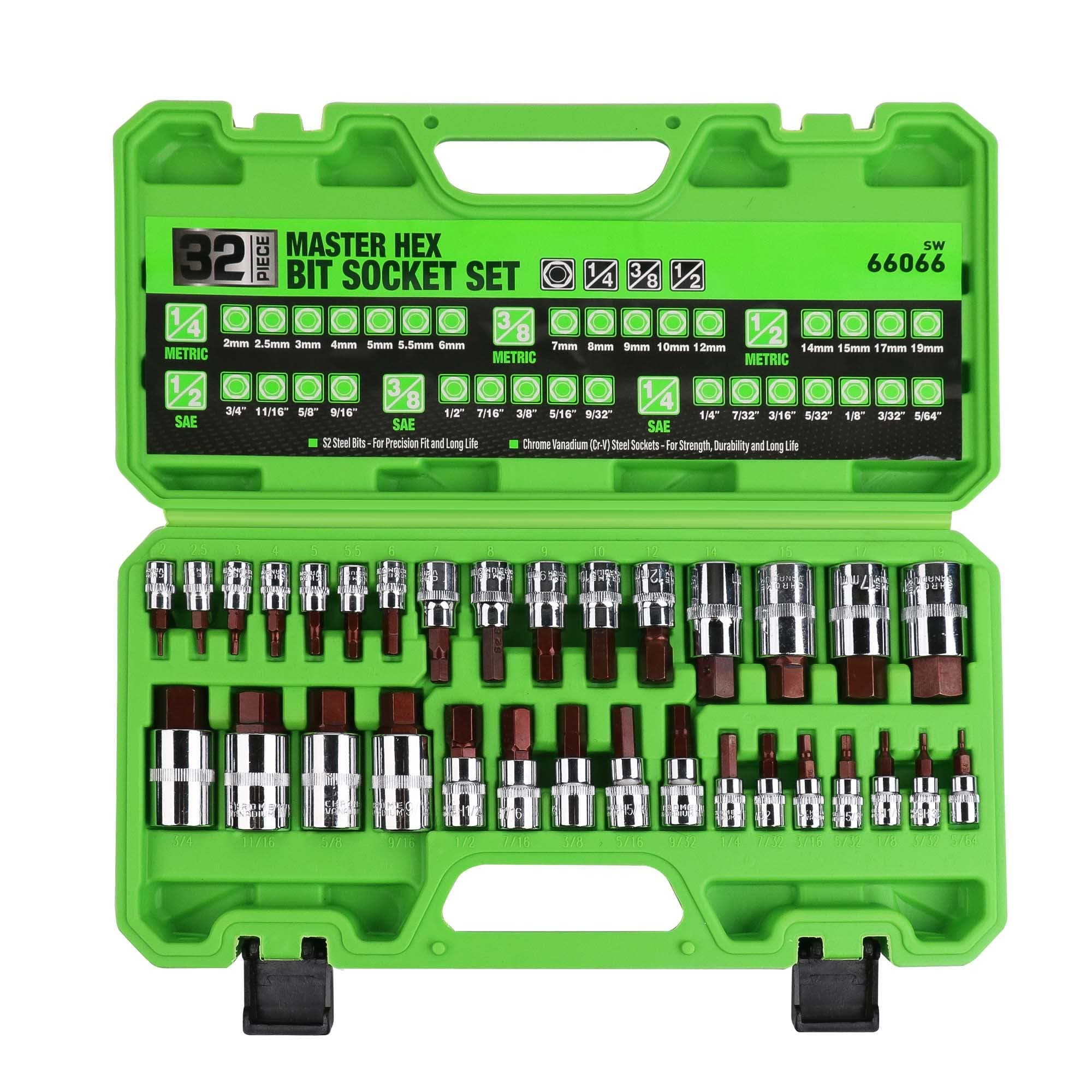32 Piece Hex Bit Socket Set,SAE and Metric, 1/4'', 3/8', 1/2'' Drive Socket Set, S2 & Cr-V Steel