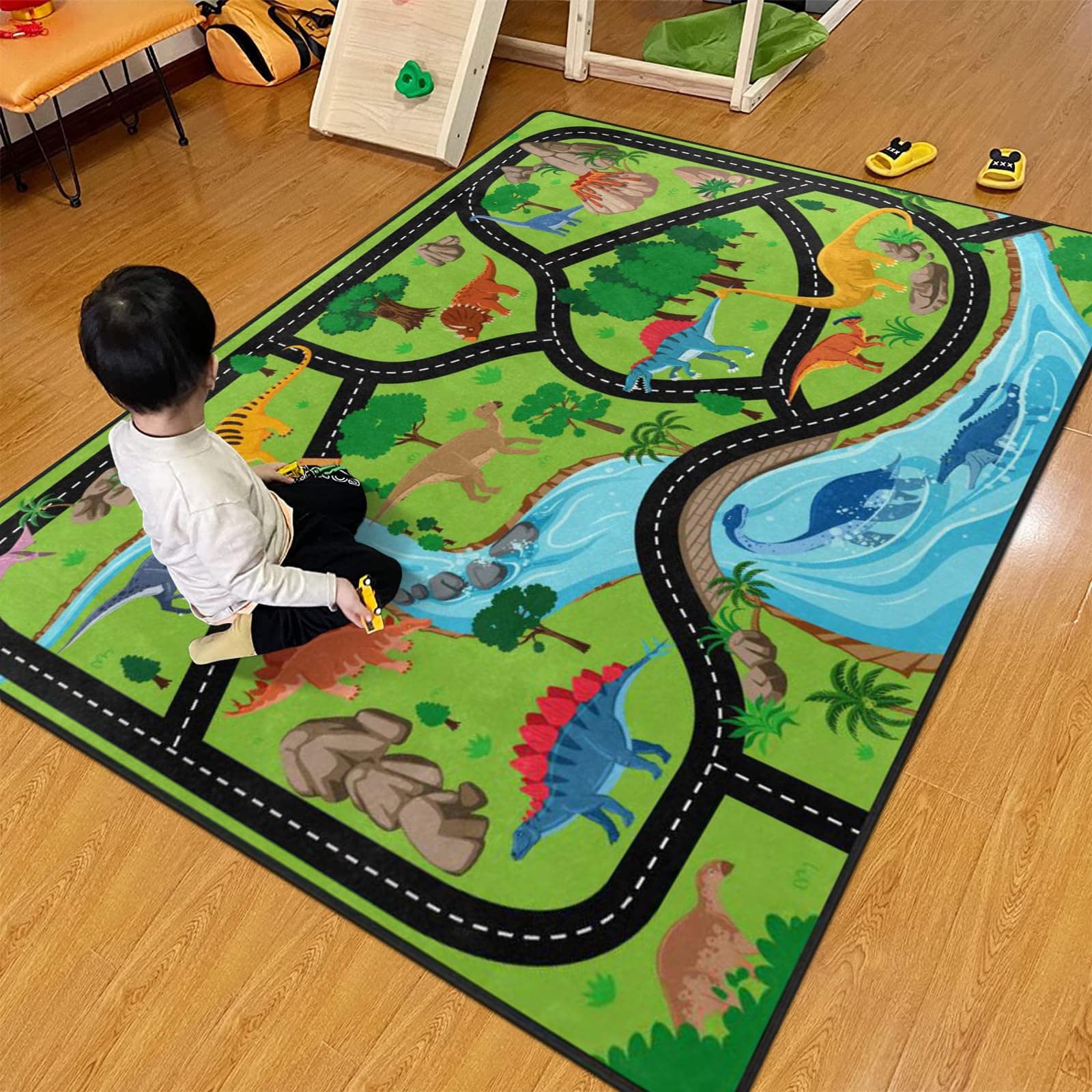 Kids Rug, Jurassic Forest Park Road System Playmat Rugs - 5x7 Ft Kids Carpet with Rubber Backing, Stegosaurus Spinosaurus Dinosaur Play Mat Great for Playing with Cars for Bedroom Playroom Nursery Rug