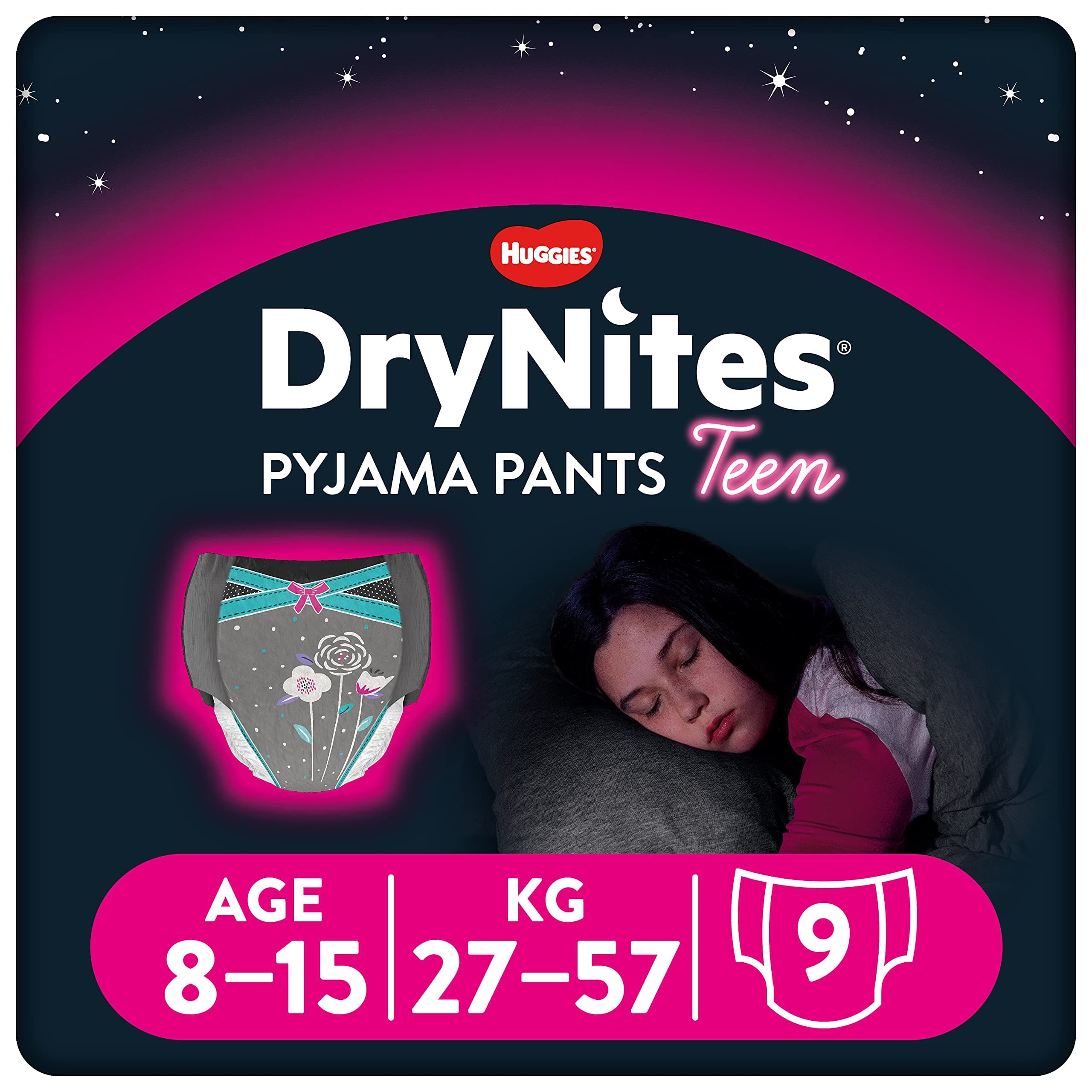 Huggies DryNites, Girlsâ€™ Teen Pyjama Pants - Sizes 8-15 Years - Discreet Night Time Underwear with Exciting Designs - Maximum Protection for Teen Bed Wetting, (9 Pants)