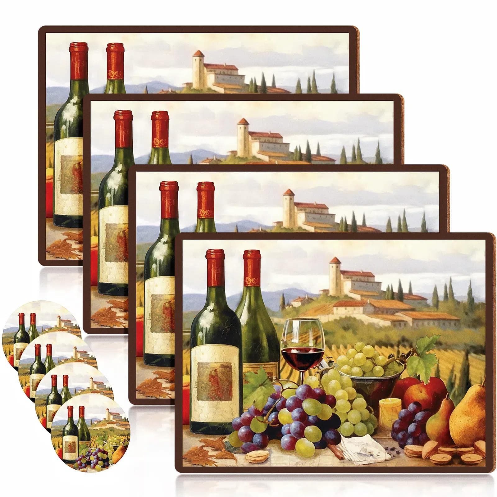 8 Sets Cork Placemats with Coasters Include Wine Cork Backing Table Mats and Round Coasters Placemats Set for Kitchen Dinner Table Setting Supplies, 12 x 16 Inch (Wine)