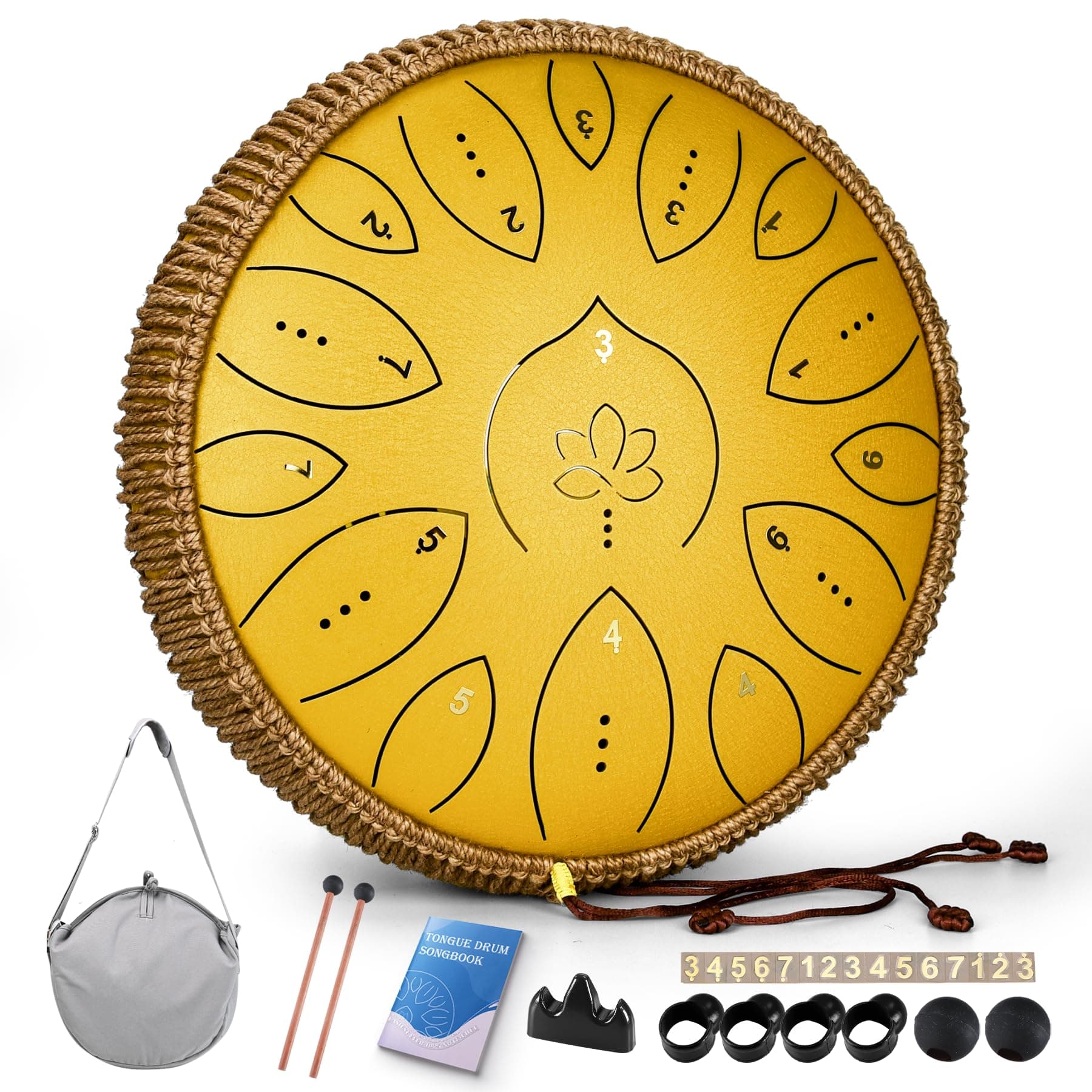 Steel Tongue Drum 13 Inches 15 Notes, Hand Pan Drums for Adults 440hz, C Major Handpan Musical Instrument with Song Book, Mallets and Carry Bag, Yellow