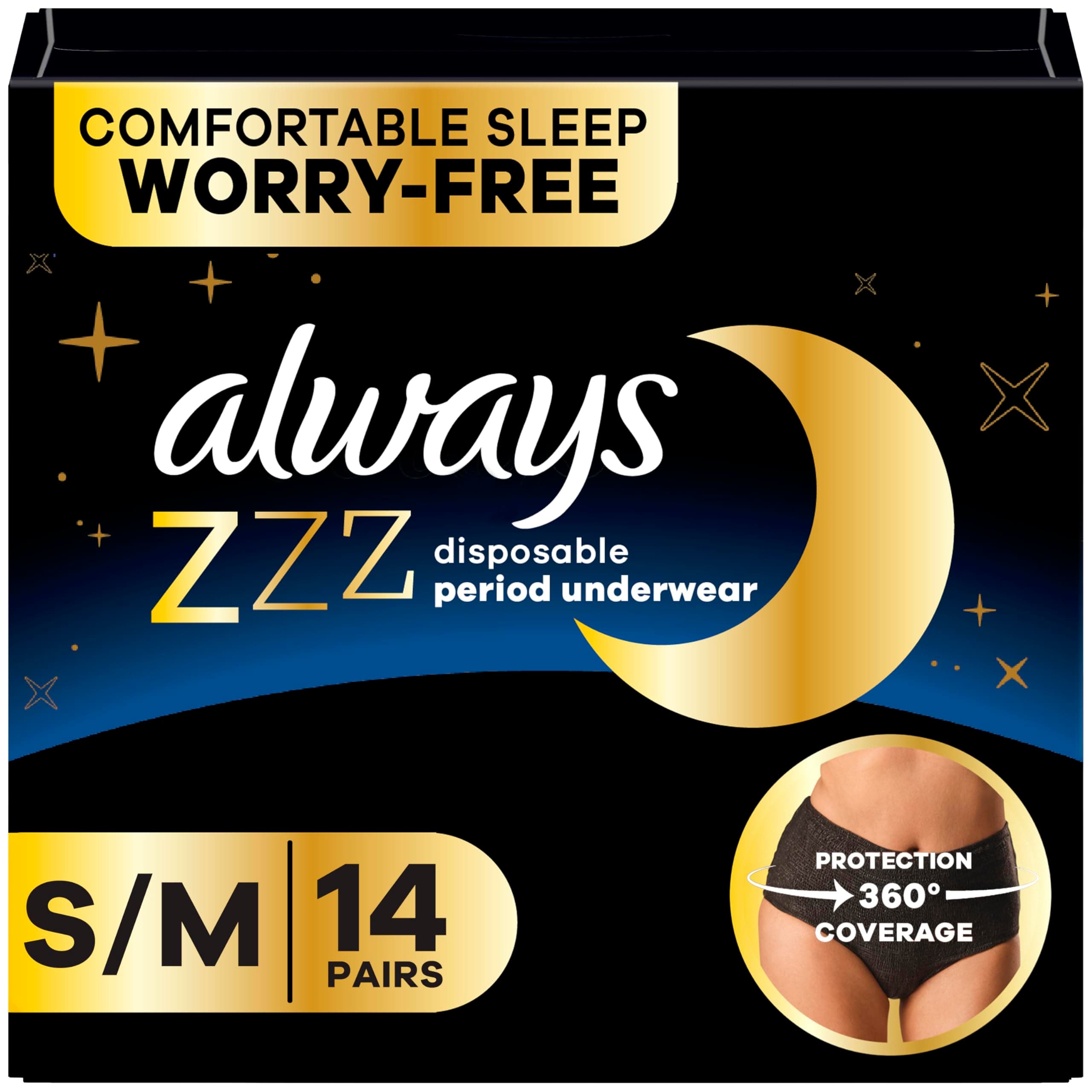 Always ZZZs Overnight Disposable Period Underwear for Women, Size S/M, Black Period Panties, Leakproof, 7 Count, Pack of 2 (14 Count Total)