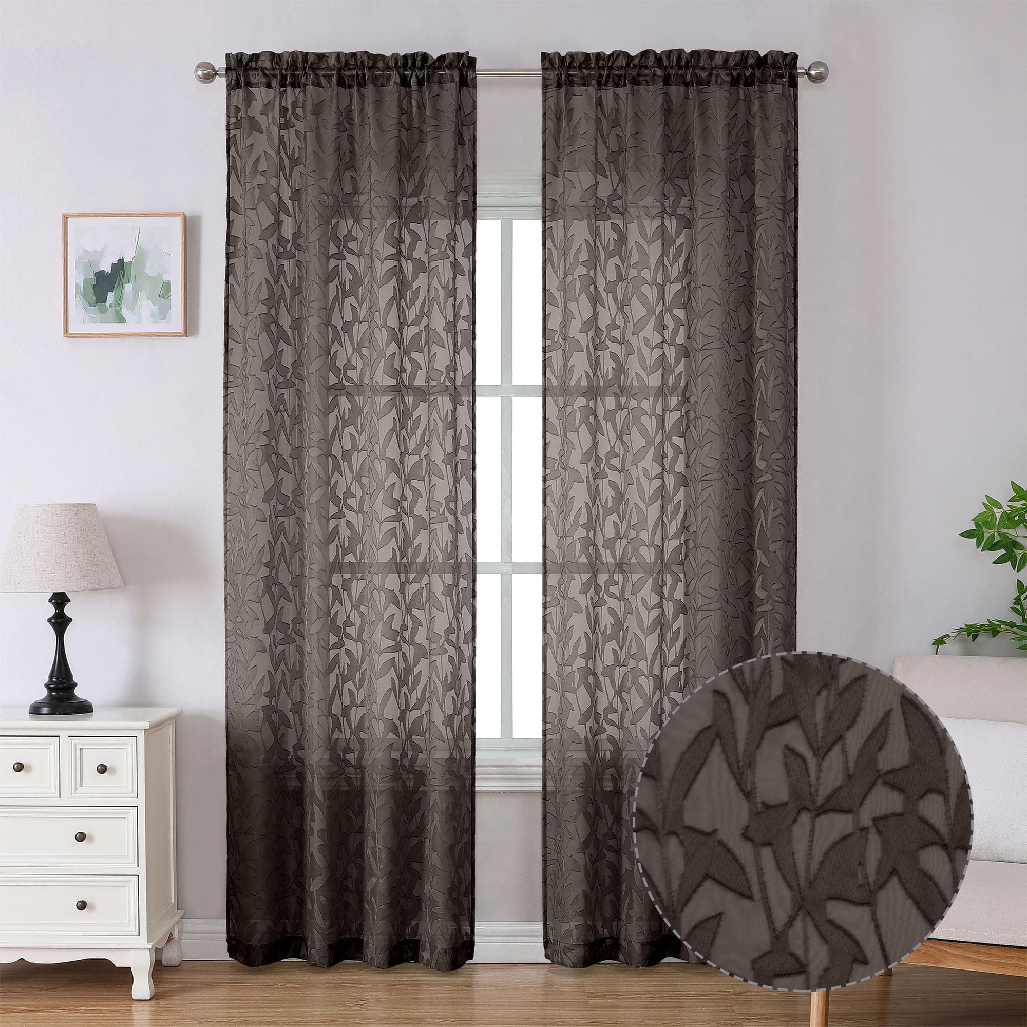 Lecloud Leia Bedroom Chocolate Brown Sheer Curtains 96 Inches Long 2 Panels, Texture Patio Door/French Door Curtain Dual Rod Pockets, Farmhouse Leaf Living Room Drapes Window Treatment, 38 W x 96 L