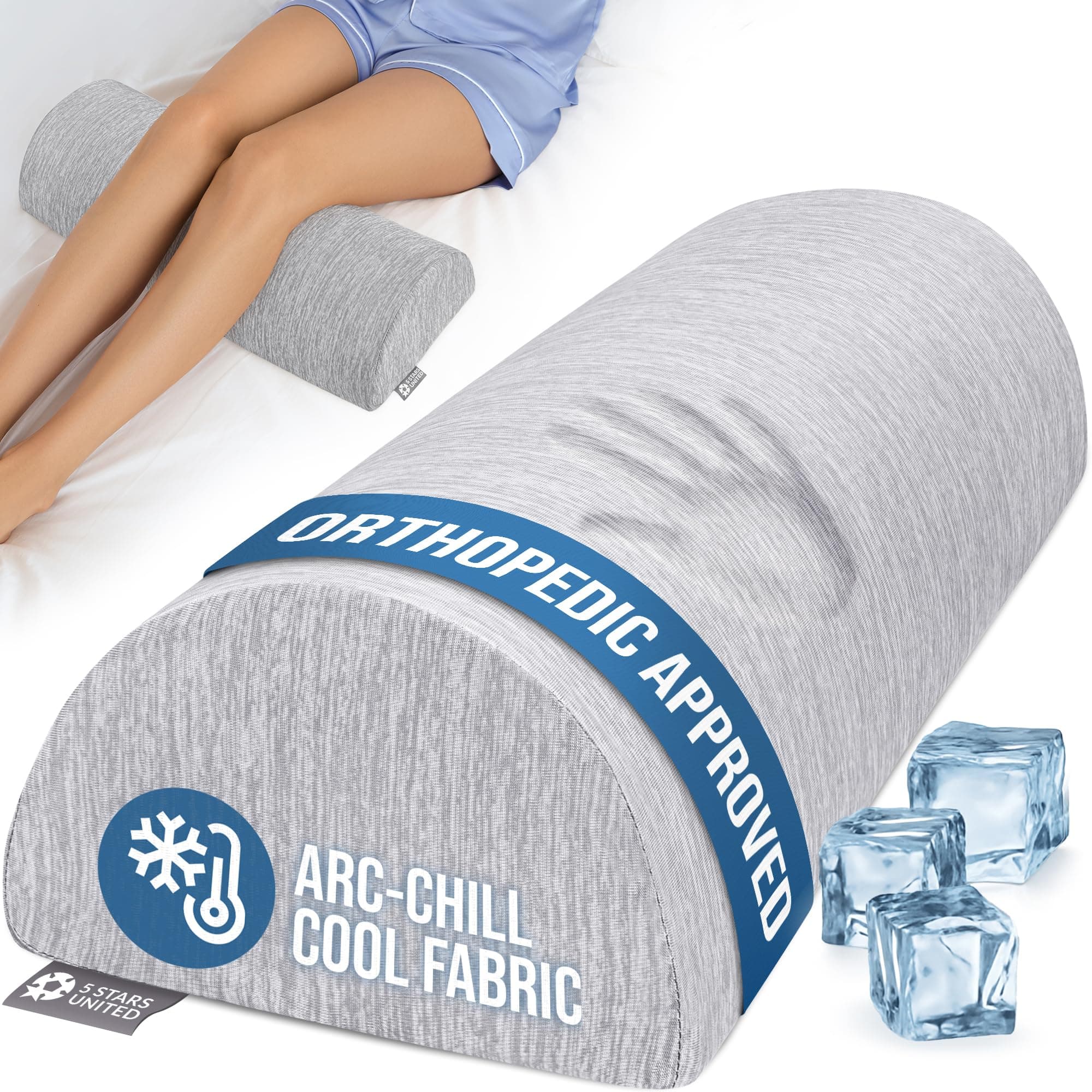 5 STARS UNITED Knee Pillow for Back Sleeping – Memory Foam Cushion for Sciatica Pain Relief – Under Leg Support for Sleeping on Back – Half Moon Bolster for Bed, Arctic Grey