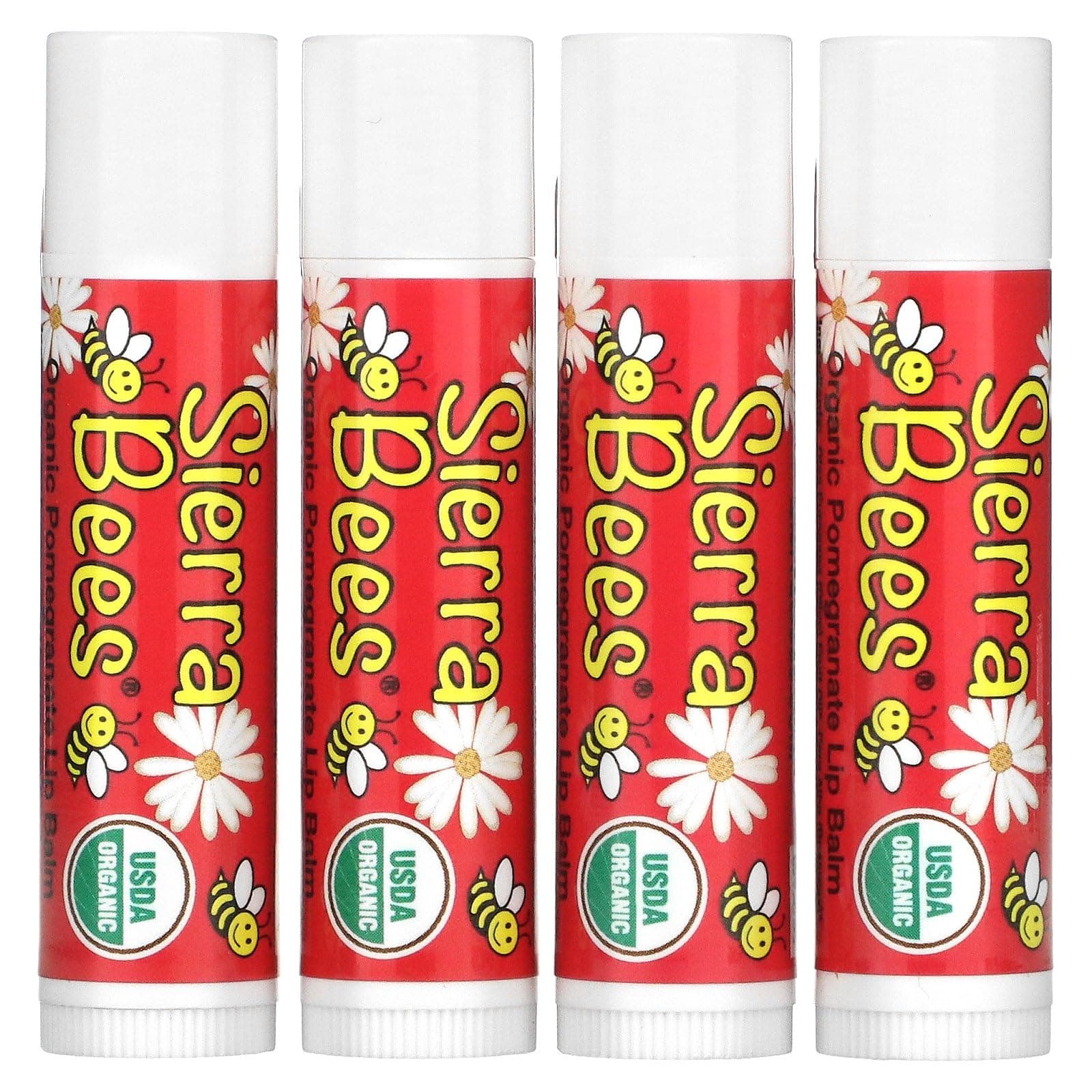 Organic Lip Balm by Sierra Bees - Moisturizing Balm for Chapped Lips - Featuring Sustainably Sourced Beeswax, Olive Oil, Sunflower Oil, & Vitamin E - Cruelty Free, Non-GMO - 4 Pack - PomegranateUSDA Organic