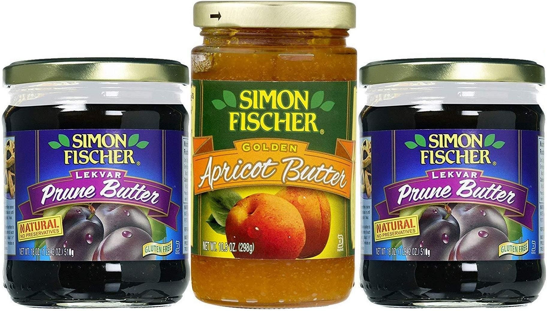 Simon Fischer Lekvar 18 oz Prune & 10.5 oz Apricot Butter, Fruit Butter - Variety Pack! Glass Jar, (Pack of 3, Total of 46.5 Oz)