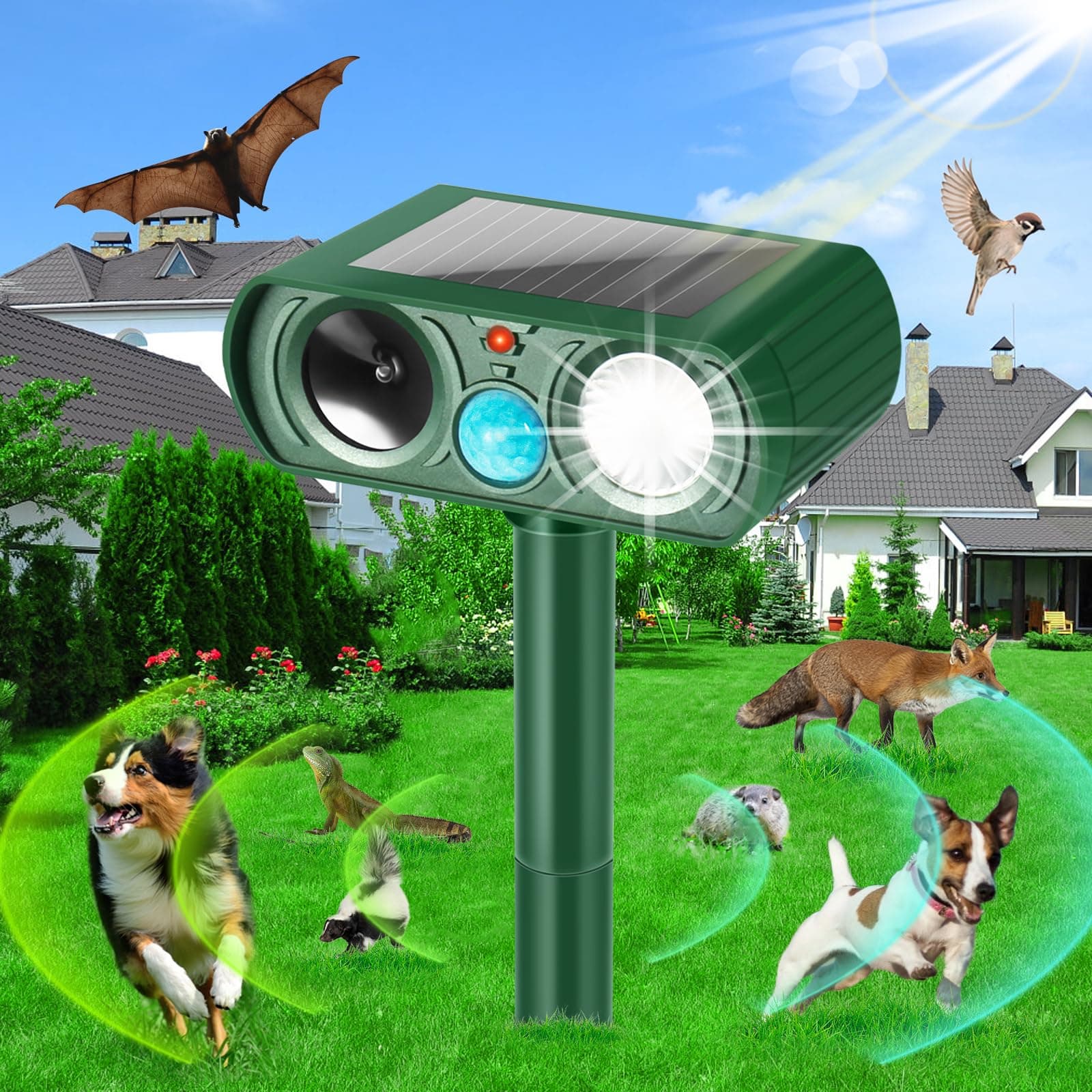 Outdoor Solar Powered Cat Deterrent, Ultrasonic Cat Deterrent with Motion Sensor and Flashing Light, Waterproof Deterrent Device for Dogs/Cats/Farm/Garden/Yard