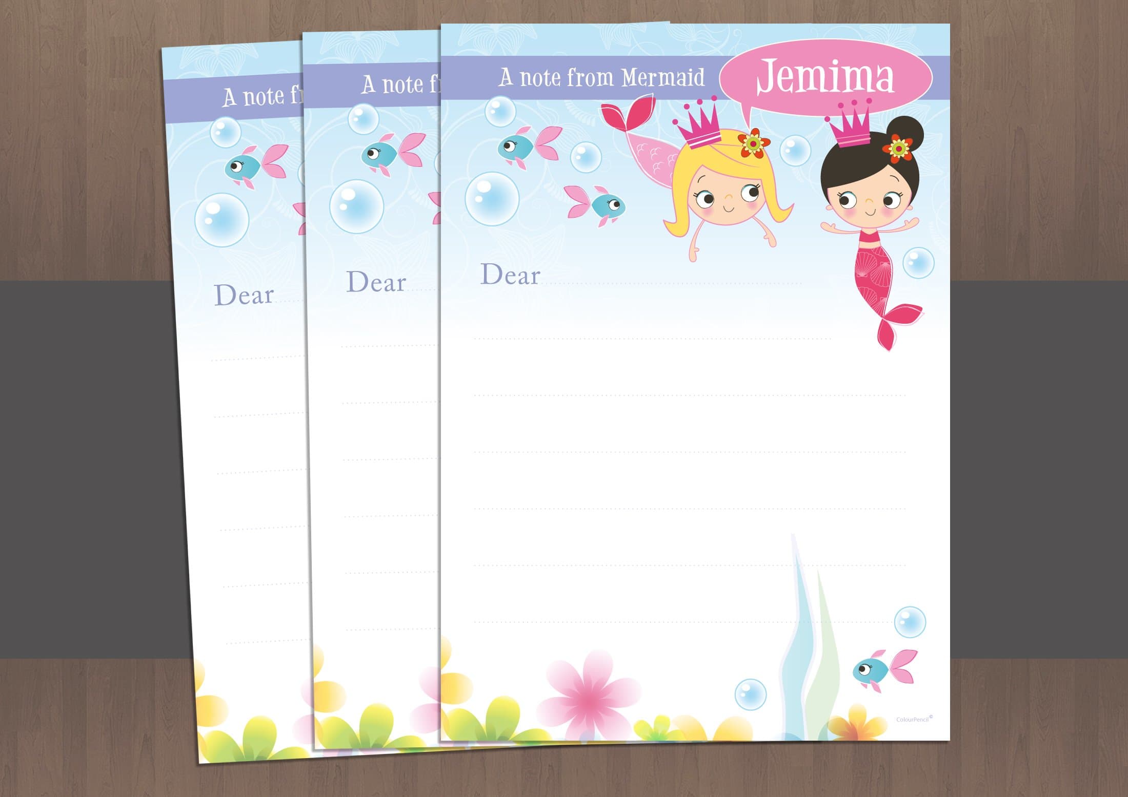 20 Children's Personalised Writing Paper/Thank You notes - Little Mermaids