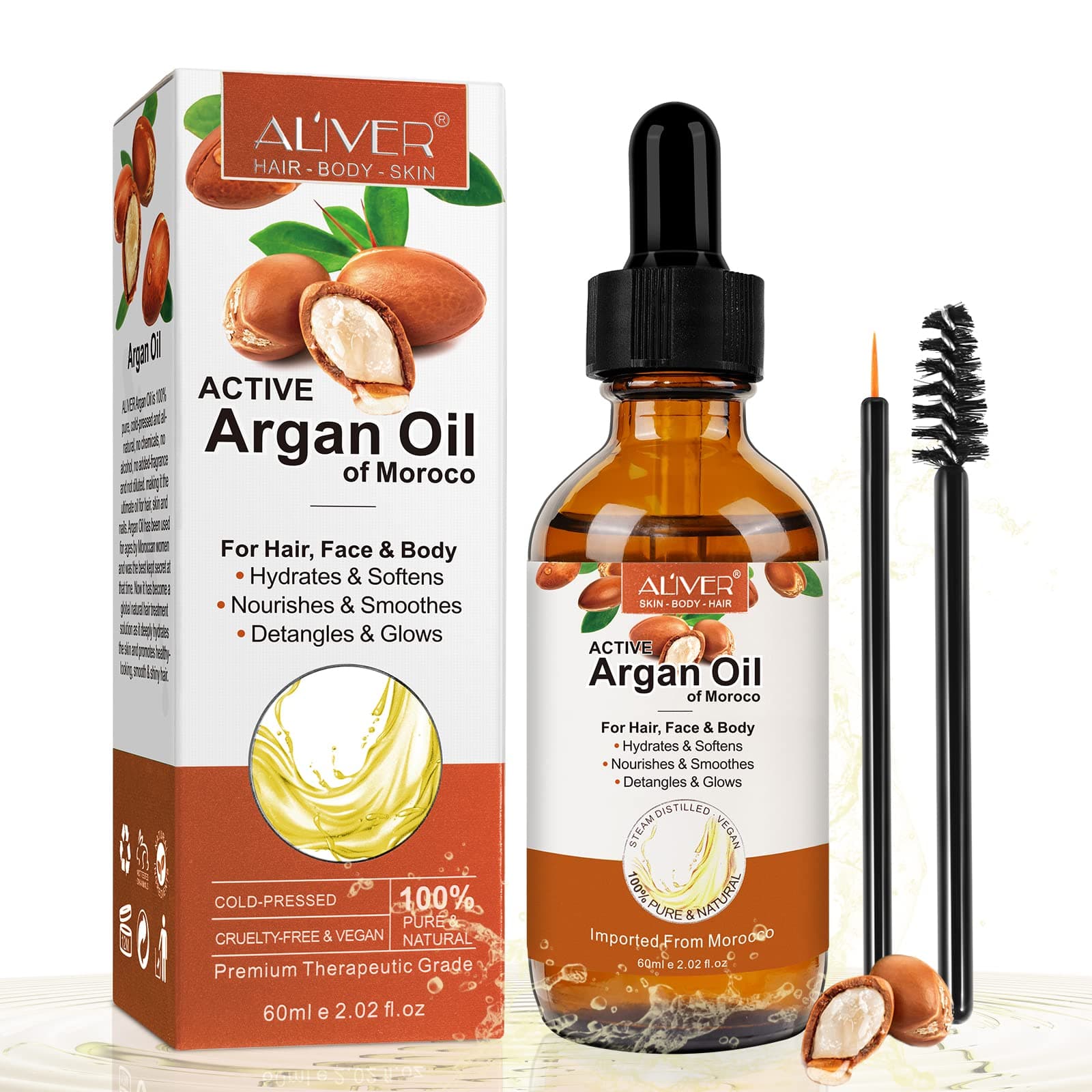 Organic Argan Oil–100% Organic & Pure Argan Oil for Hair, Face &Body 60ml with Eyebrow&Eyeliner Brushes –Rich in Vitamin E for Skin, Hair & Nails |Damaged Hair | Nourishes And Moisturises Dry Hair