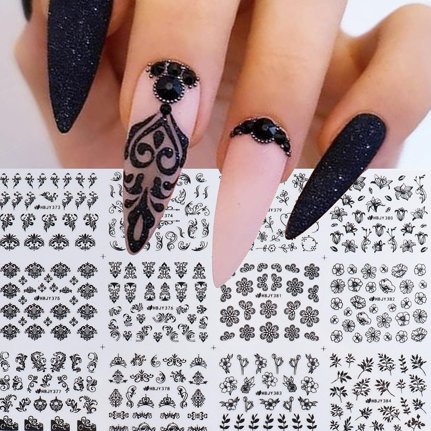 Flowers Nail Art Sticker,12 Sheets 3D Black Flowers Nail Decals Self-Adhesive Lace Nail Stickers Leaves Nail Art Decor Camellia Letters Design Nail Art Supplies for Women Girls Salon Home DIY Nail