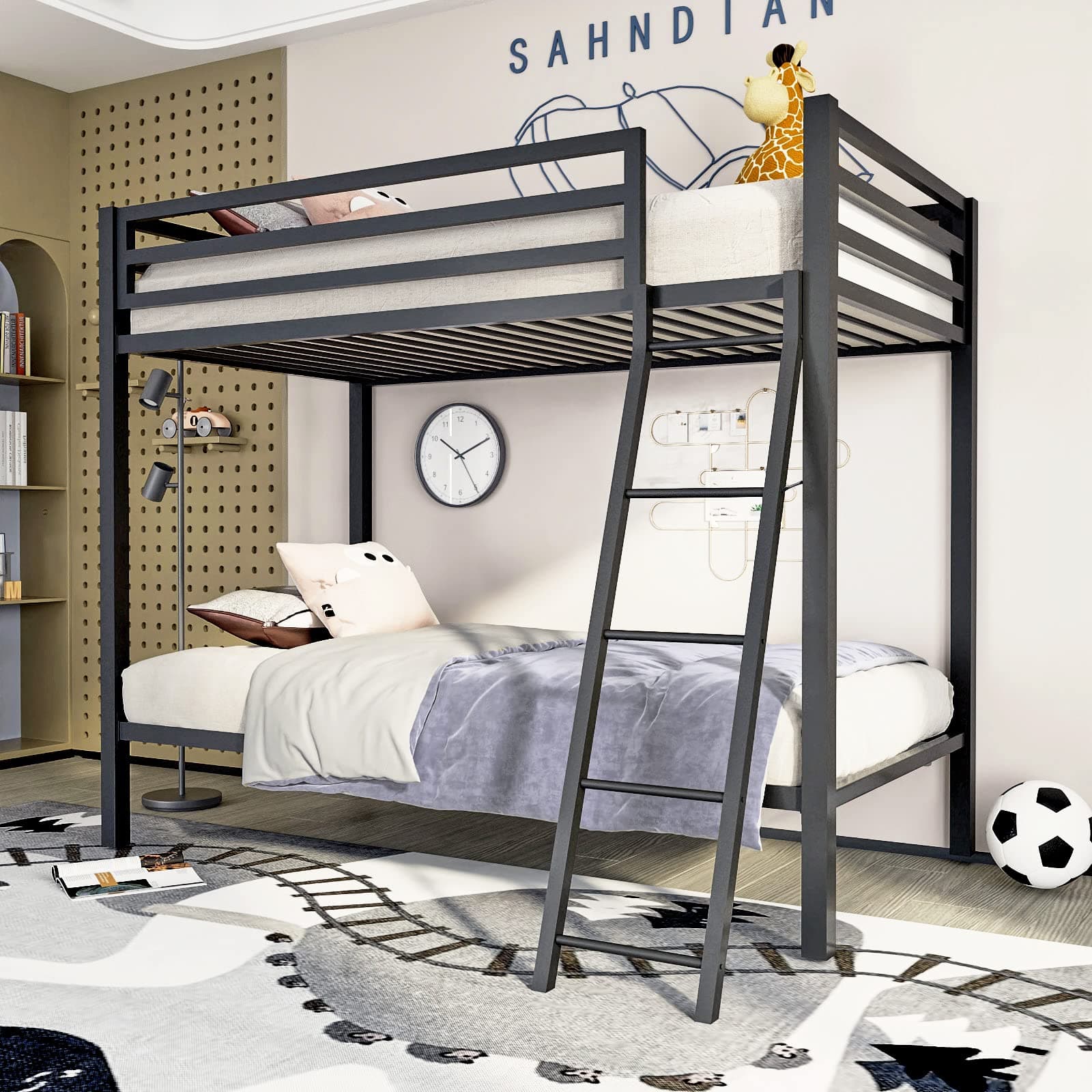 ikalido Metal Loft Bunk Bed Twin Over Twin Size with Safety Guardrail and Ladder, No Box Spring Needed Space Saving Bedroom Furniture, Cream White