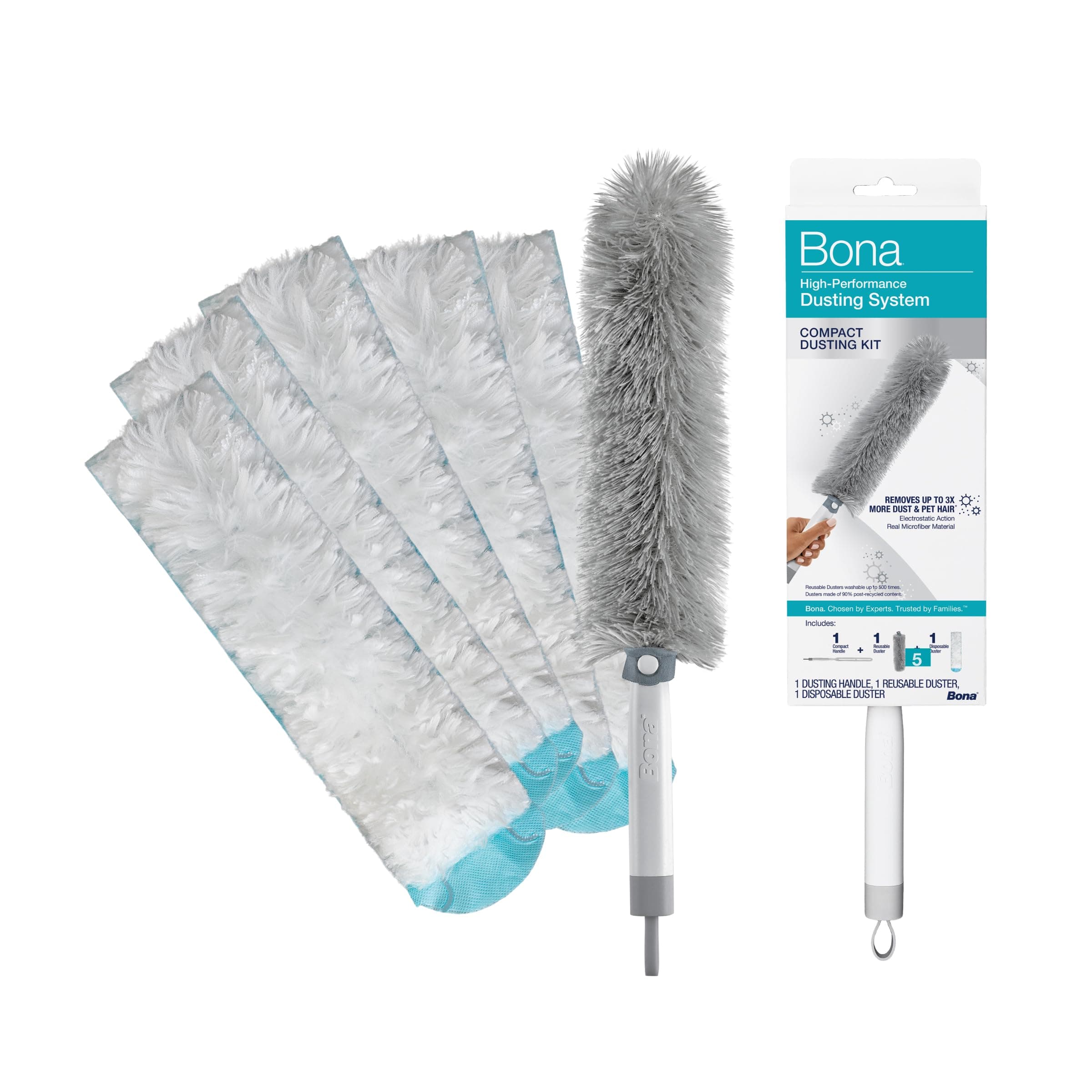 Bona High Performance Dusting System - 1 Compact Handle, 5 Disposable Dusters, & 1 Reusable Duster - Compact Dusting Kit Removes Dust & Pet Hair