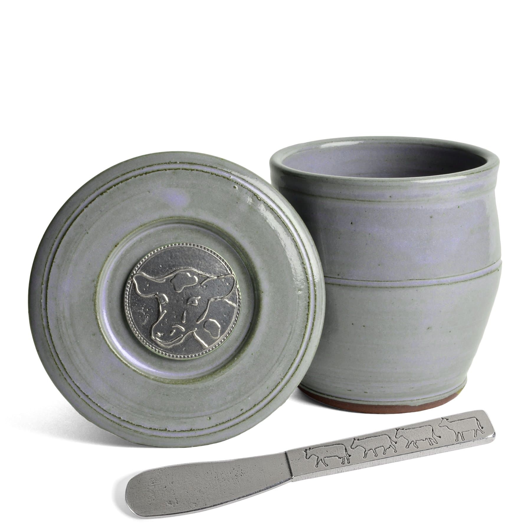 Cow French Butter Keeper with Pewter Spreader, Light Blue