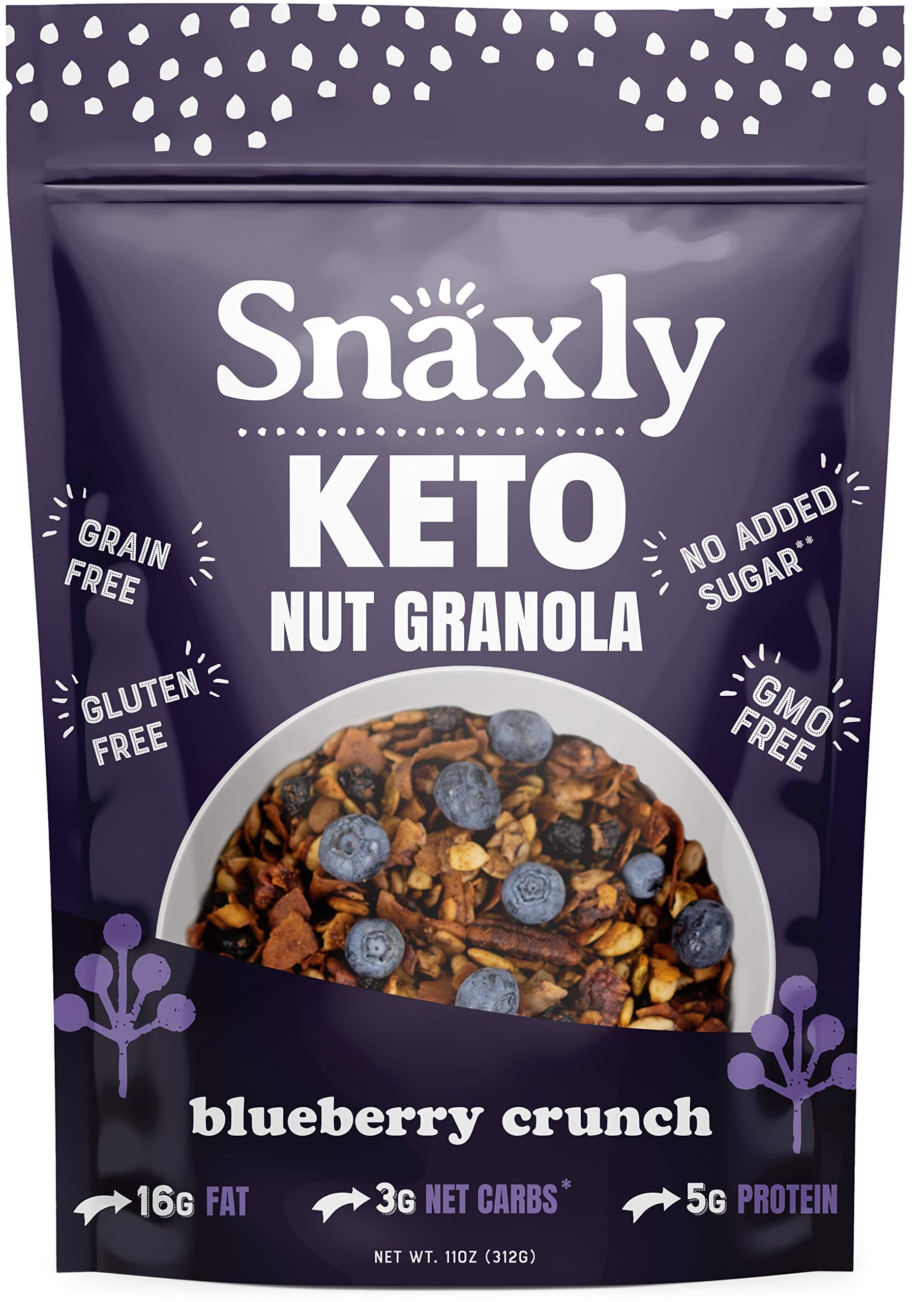 Snaxly - Keto Blueberry Crunch Nut Granola Breakfast Cereal - 3g Net Carbs - Gluten & Grain Free - Low Carb Snacks & Food - No Added Sugar - Healthy Nuts - Almonds, Pecans, Coconut, Pepitas (11 oz)
