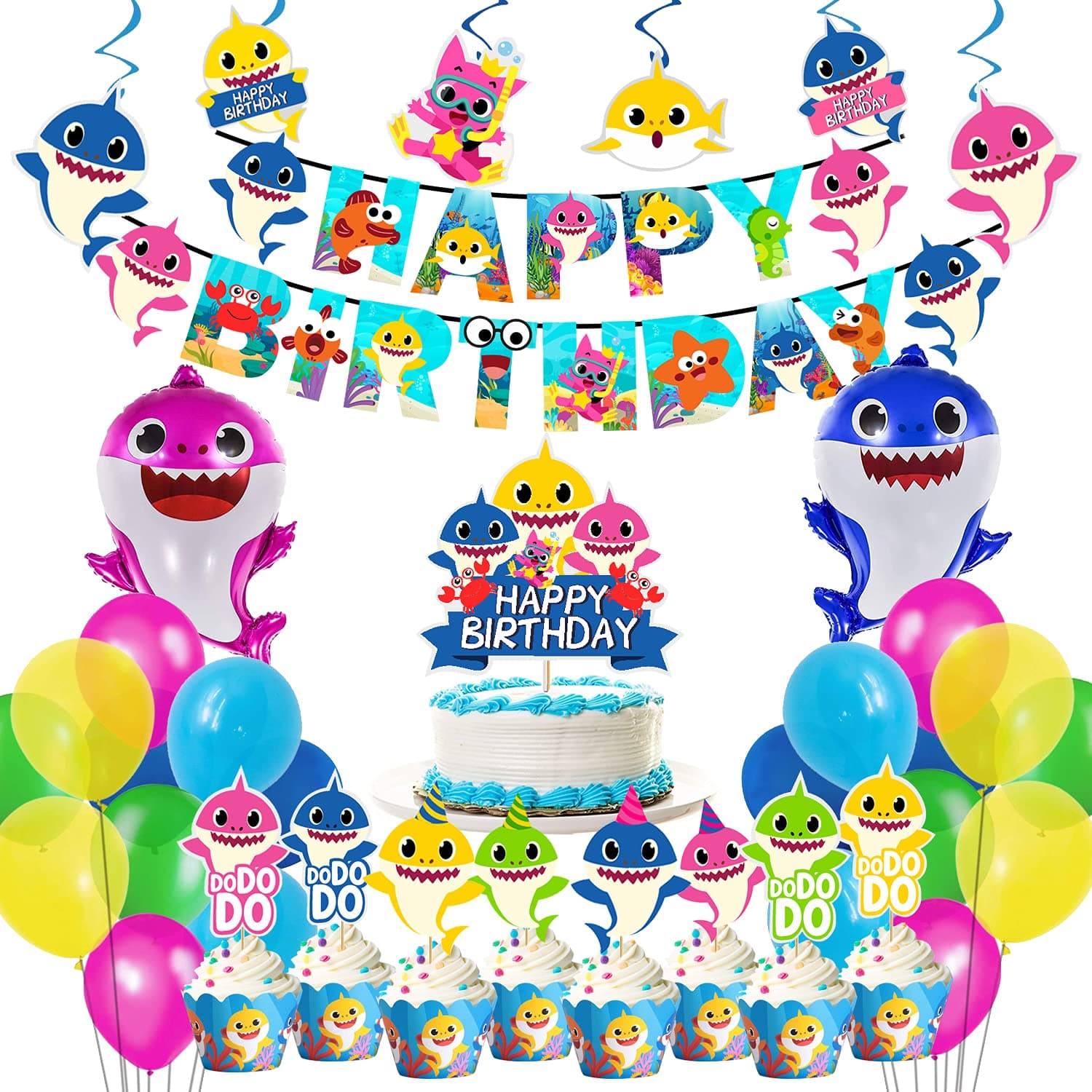 Party Propz Baby Shark Theme Birthday Decorations -60Pcs Combo Set - Shark Theme Happy birthday Banner, Balloons, Cake Topper, Swirls - Baby Shark Party Supplies for Girls Or Boys - Kids Theme Parties