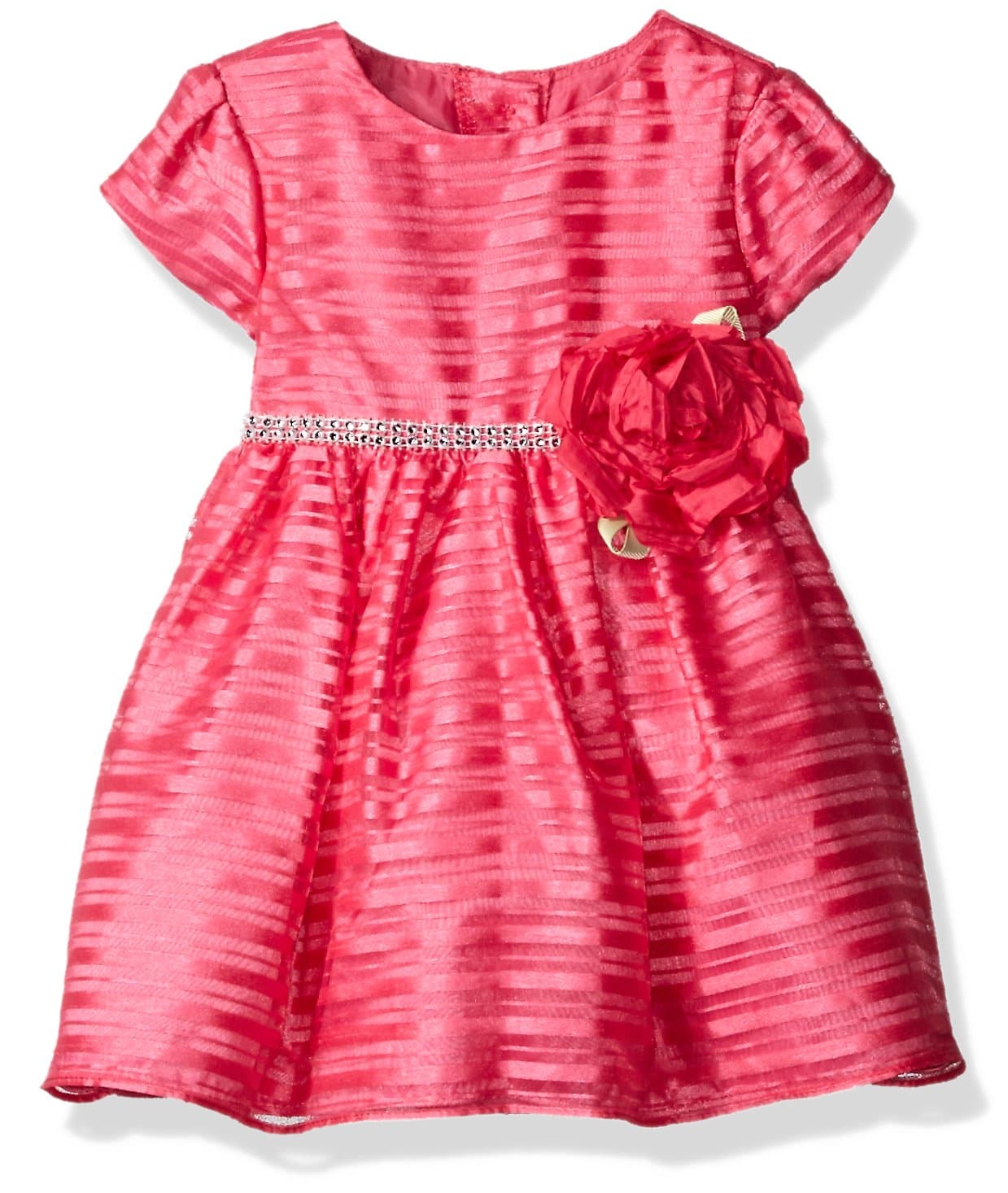 Baby Girls' Organza Stripe Special Occasion Dress with Rhinestone Waist and Flower Detail