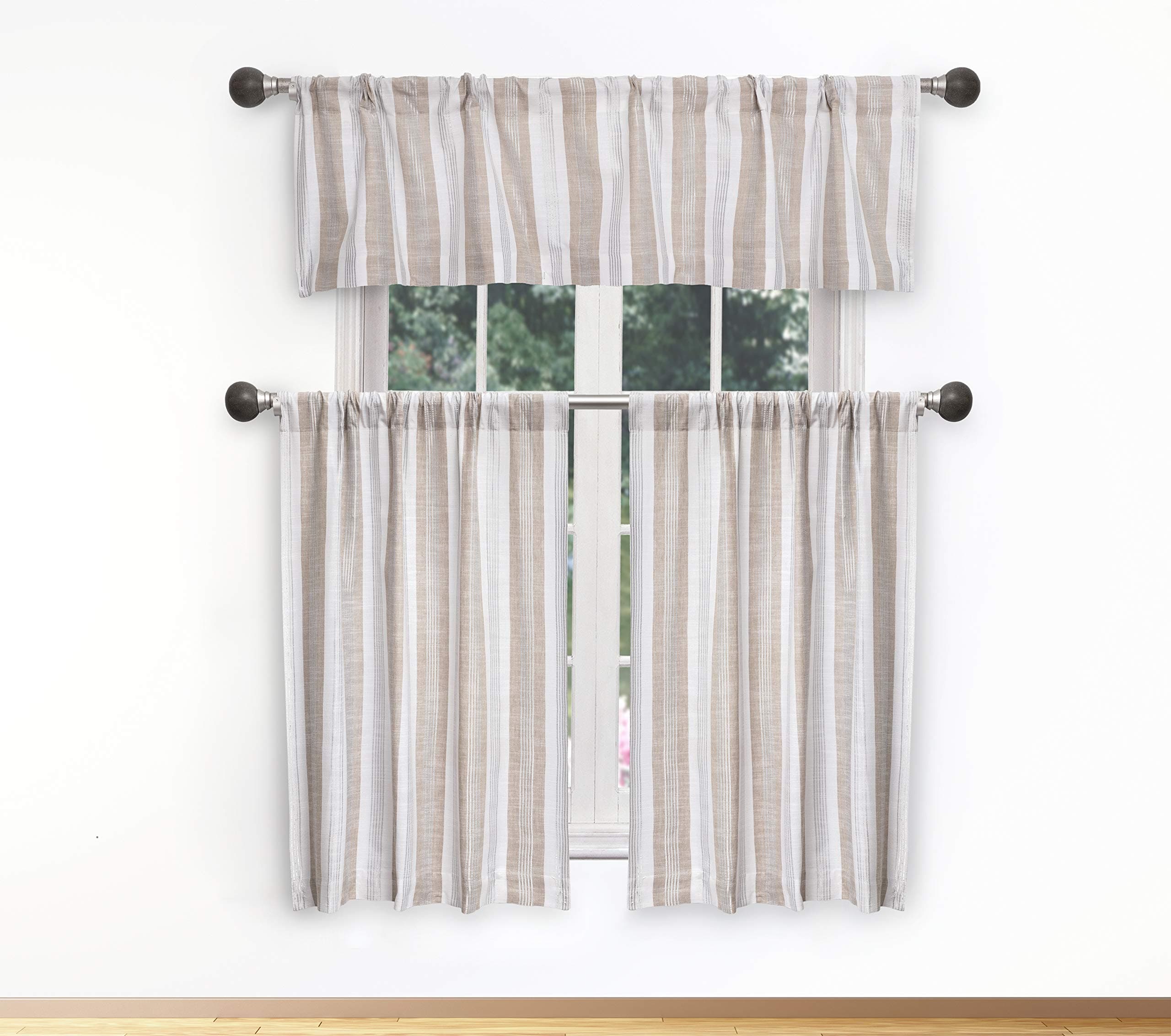 Home Maison - Rhett Striped Faux Linen Textured Kitchen Tier & Valance Set | Small Window Curtain for Cafe, Bath, Laundry, Bedroom - (Beige & White)