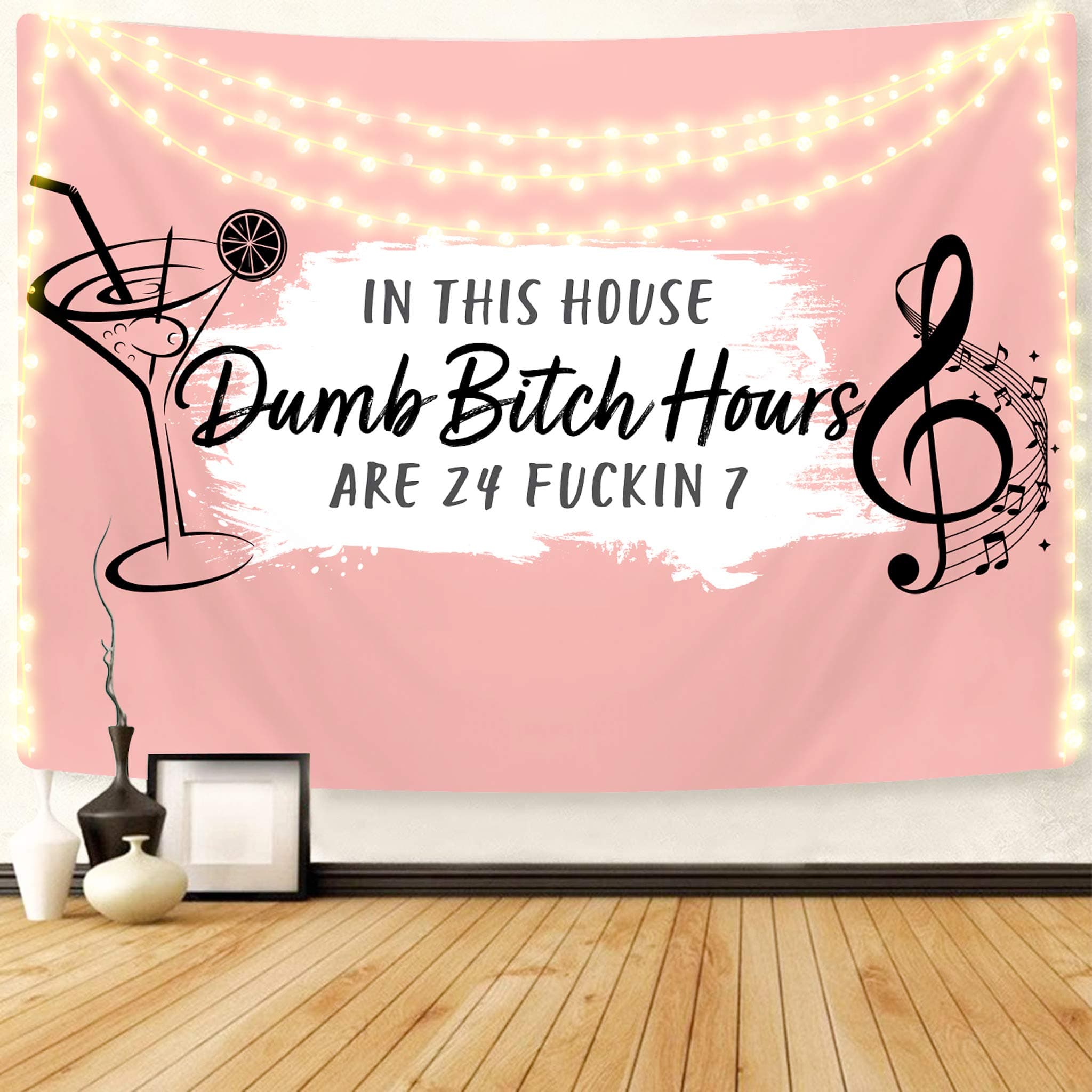 OHVAL In This House Hours Tapestry, DB Hours are 247 Boutique in Home Wall Hanging College Decor Artsy Vintage Funny Micro Fiber Cute Peach Pink