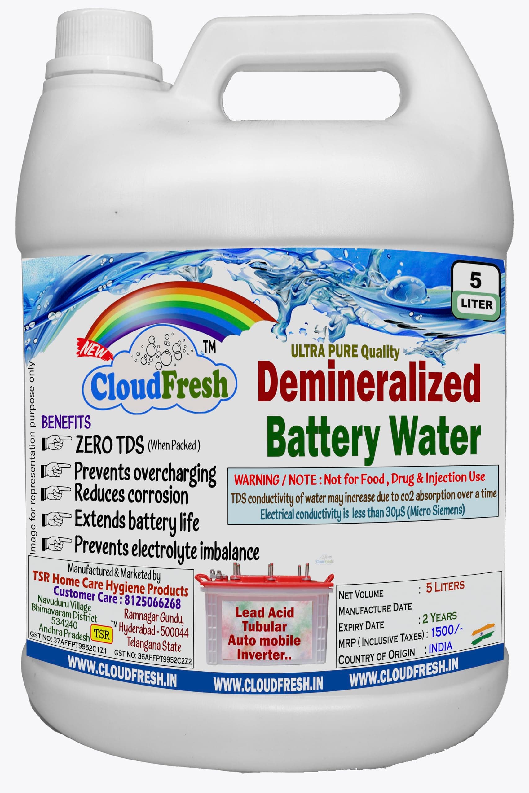 CloudFresh Ultra-Pure Demineralized Water for Batteries 5 Liters on Battery Water for Improved Performance and Longevity | for Optimal Electrolyte Maintenance