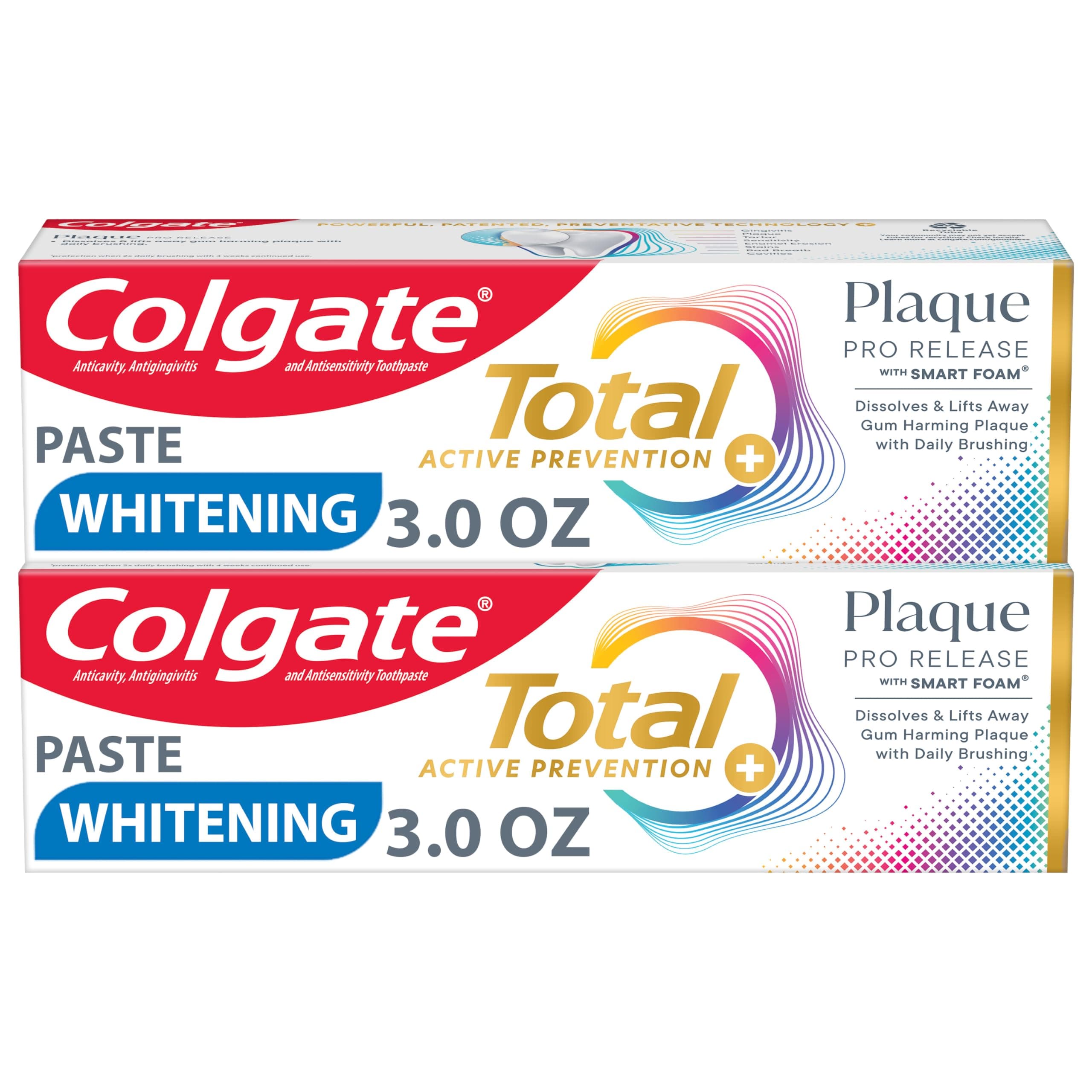 Total Plaque Pro Release Whitening Toothpaste Pack, Whitening Fluoride Toothpaste, Fights Plaque, Bad Breath, Tartar Buildup, and Helps Protect Teeth from Sensitivity, 2 Pack, 3.0 oz