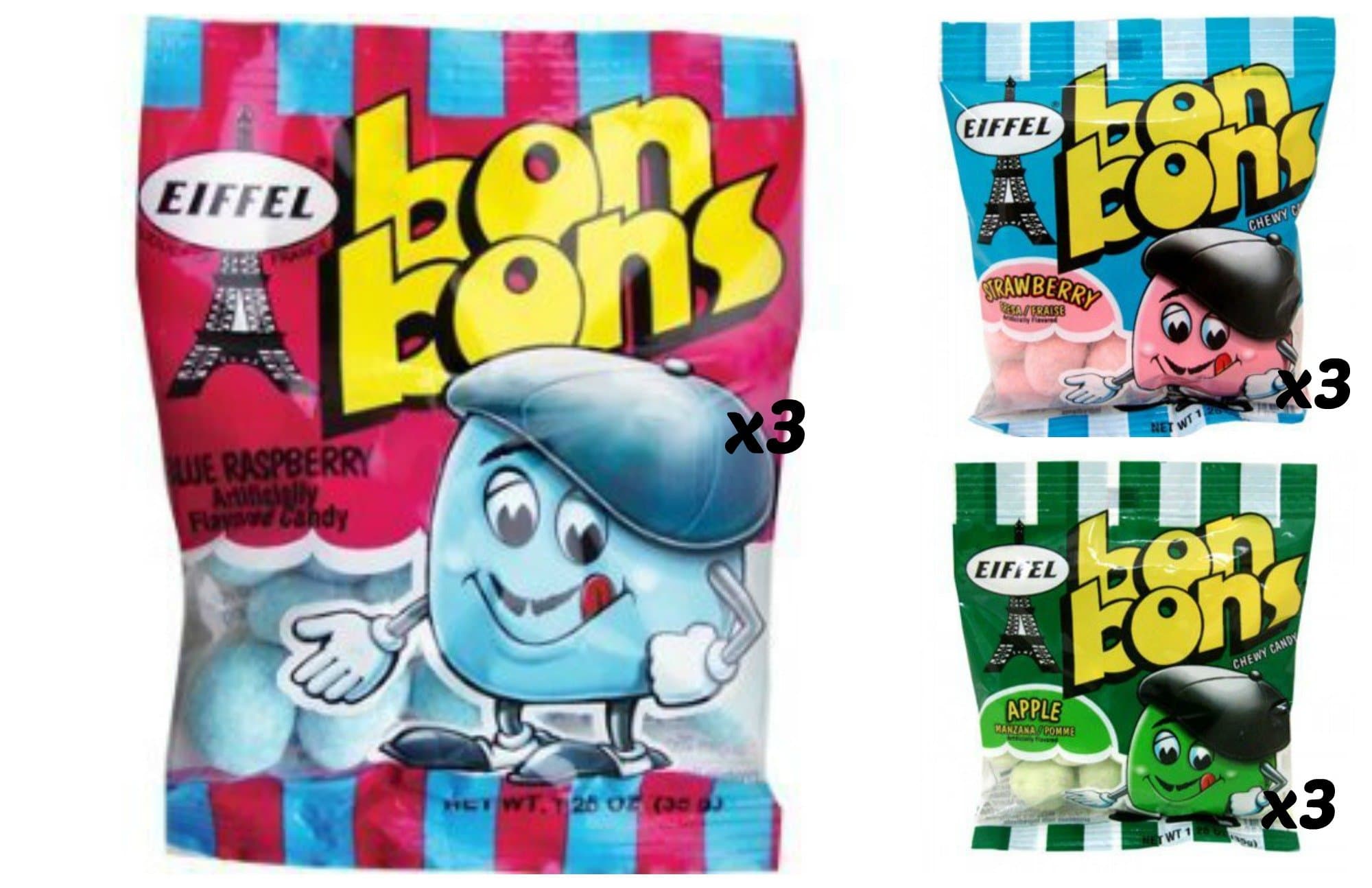 EIFFELBon Bons 1.25oz 9 Bag Variety Pack - Strawberry, Blue Raspberry, & Apple