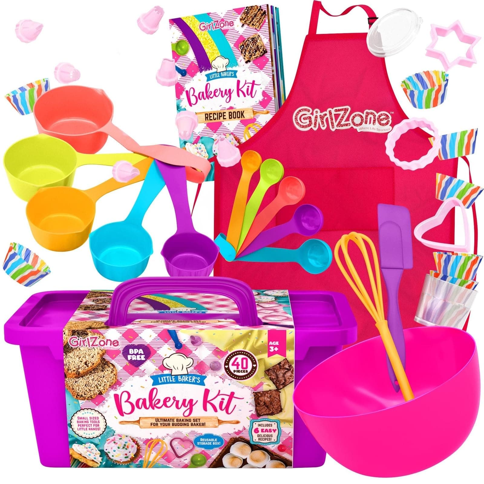 GirlZone Kids Baking Set for Girls - Multicolor, 40-Piece - Girls Baking Kit & Little Baker Set with Apron & Baker Outfit, Whisk, Cookie Cutters, Tools & Recipe Book
