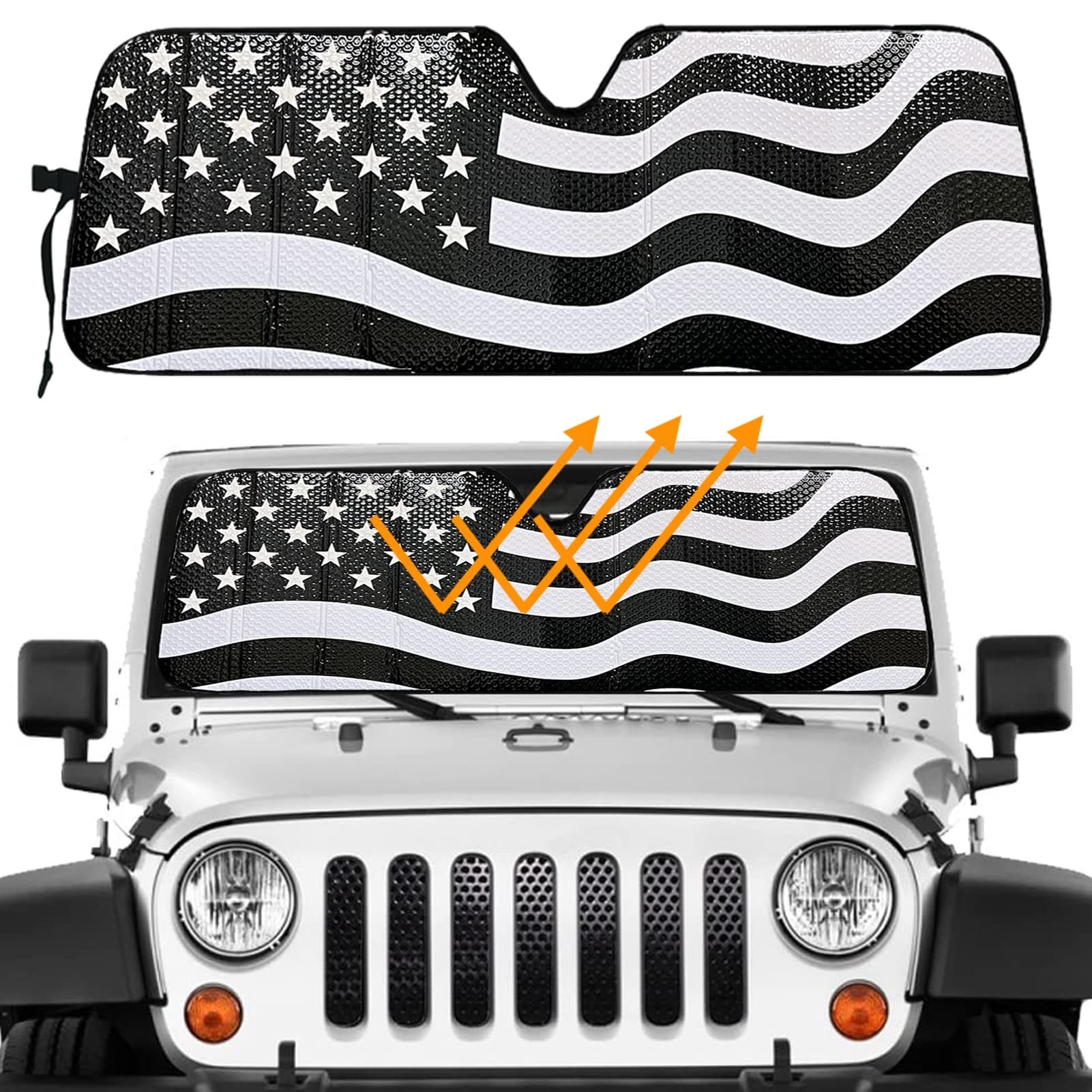 Big HippoAmerican Flag Windshield Sunshade for 2007-2022 Wrangler Rubicon Sahara TJ JK JKU 2 & 4 Door Car Sun Shade Sun Visor Protector Blocks UV Rays and Keep Vehicle Cool (Black)