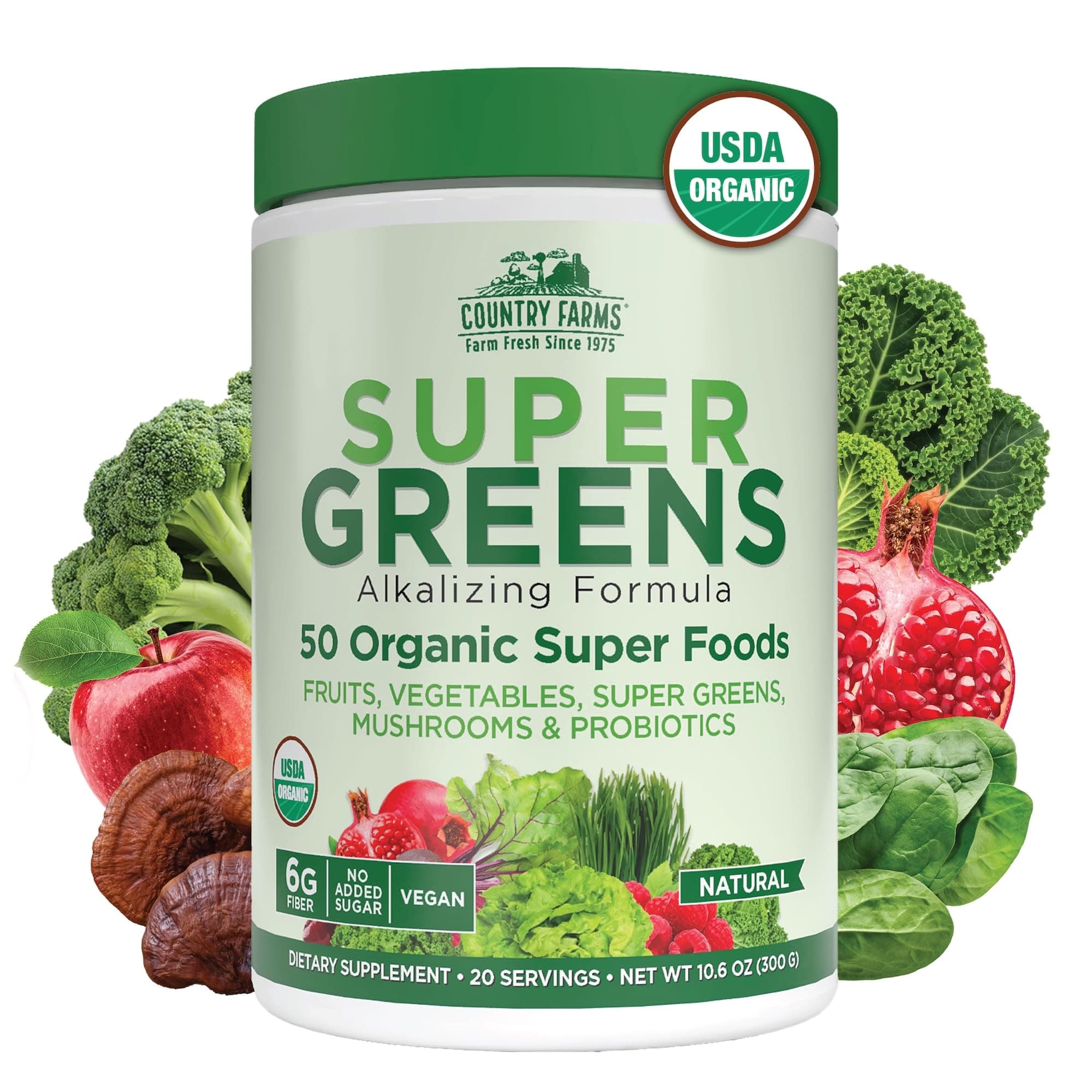 COUNTRY FARMS Super Greens Natural Flavor, 50 Organic Super Foods, USDA Organic Drink Mix, Fruits, Vegetables, Super Greens, Mushrooms & Probiotics, Supports Energy, 20 Servings, 10.6 Oz