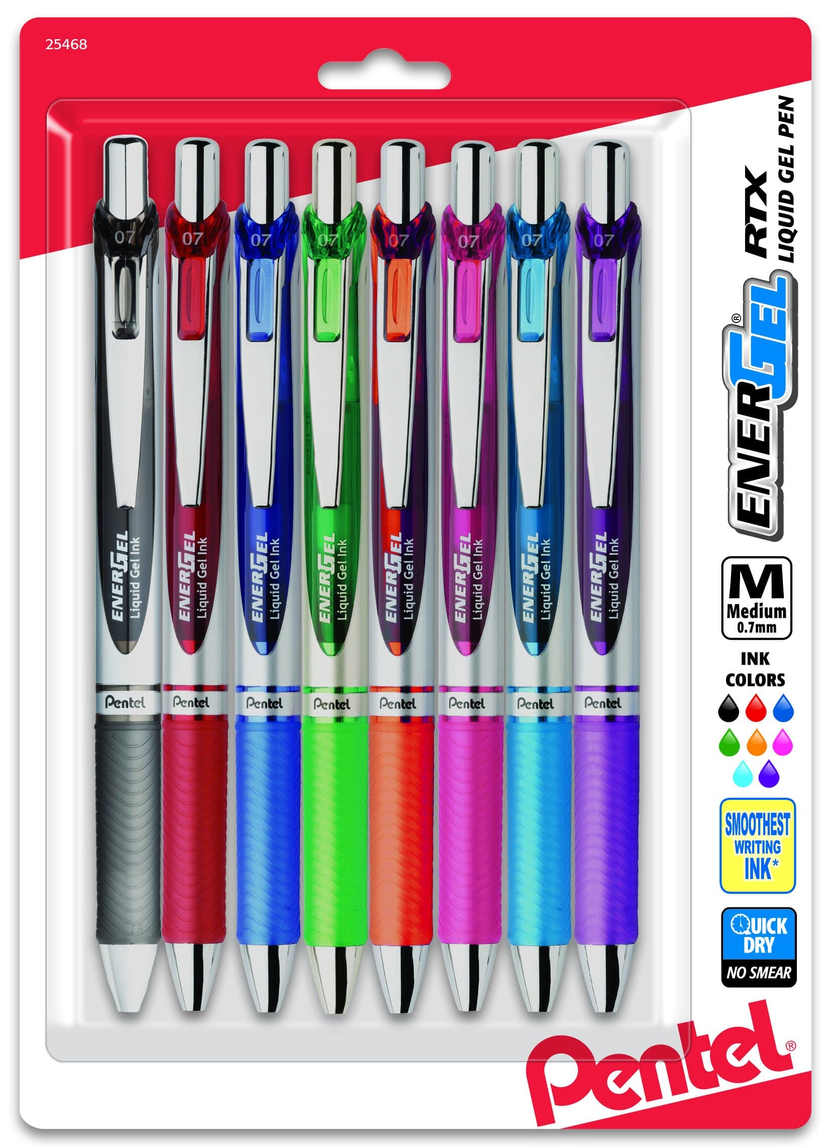 Pentel EnerGel RTX Retractable Liquid Gel Pen, (0.7mm), Medium Line, Metal Tip, Assorted Ink, Pack of 8 (BL77BP8M)