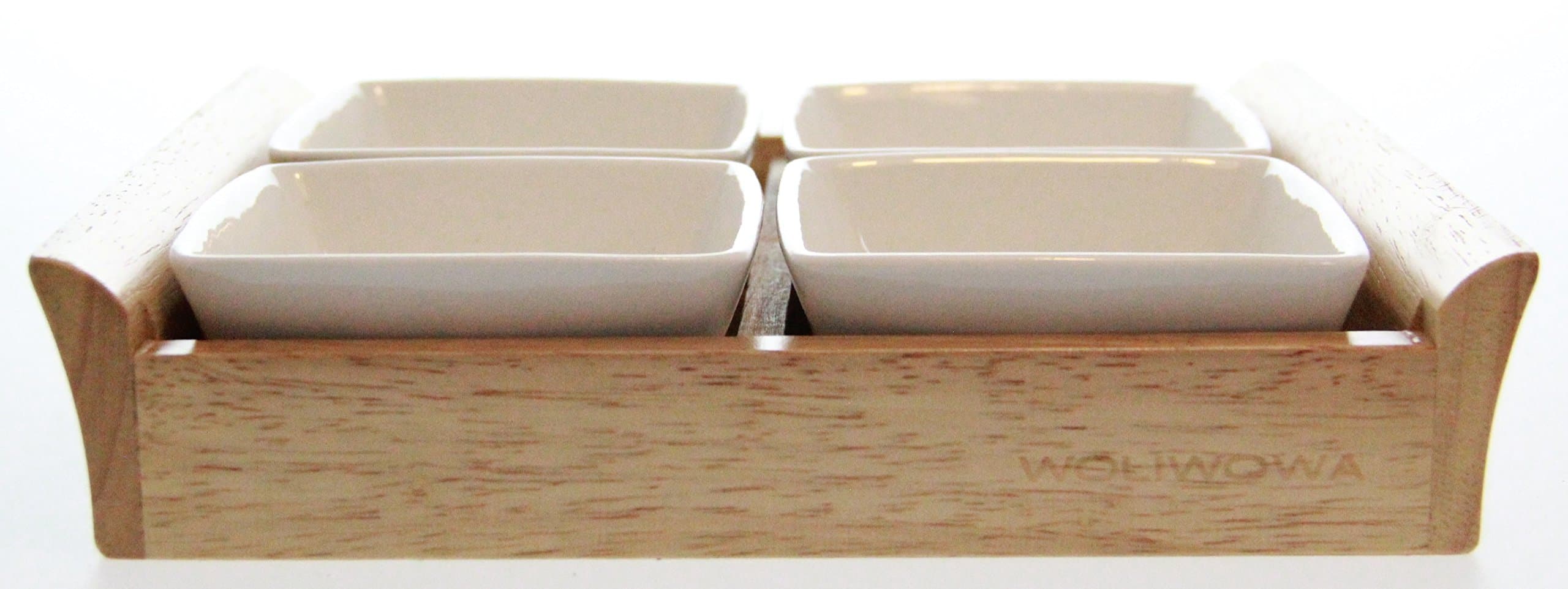 4-Piece Ceramic Party Serving Dish Set with Tray - Natural Wood Tray