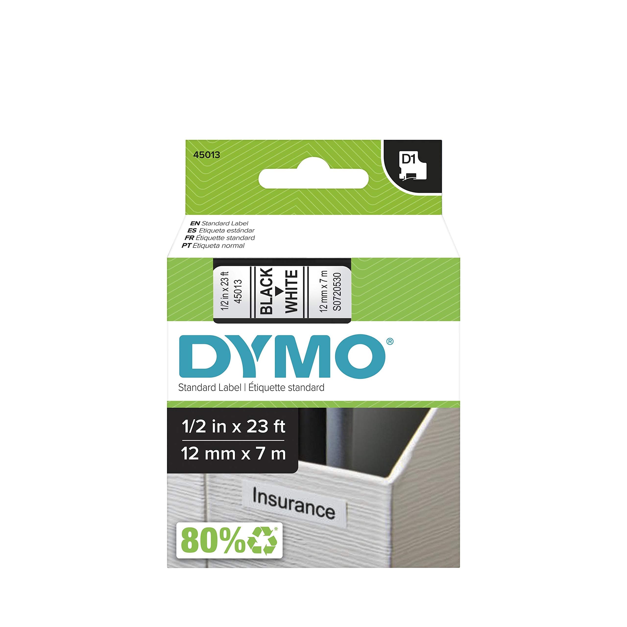 DYMO Standard D1 Labeling Tape Black On White Tape, 1/2'' W x 23' L, 1 Cartridge (45013) S0720530 12mm x 7m.