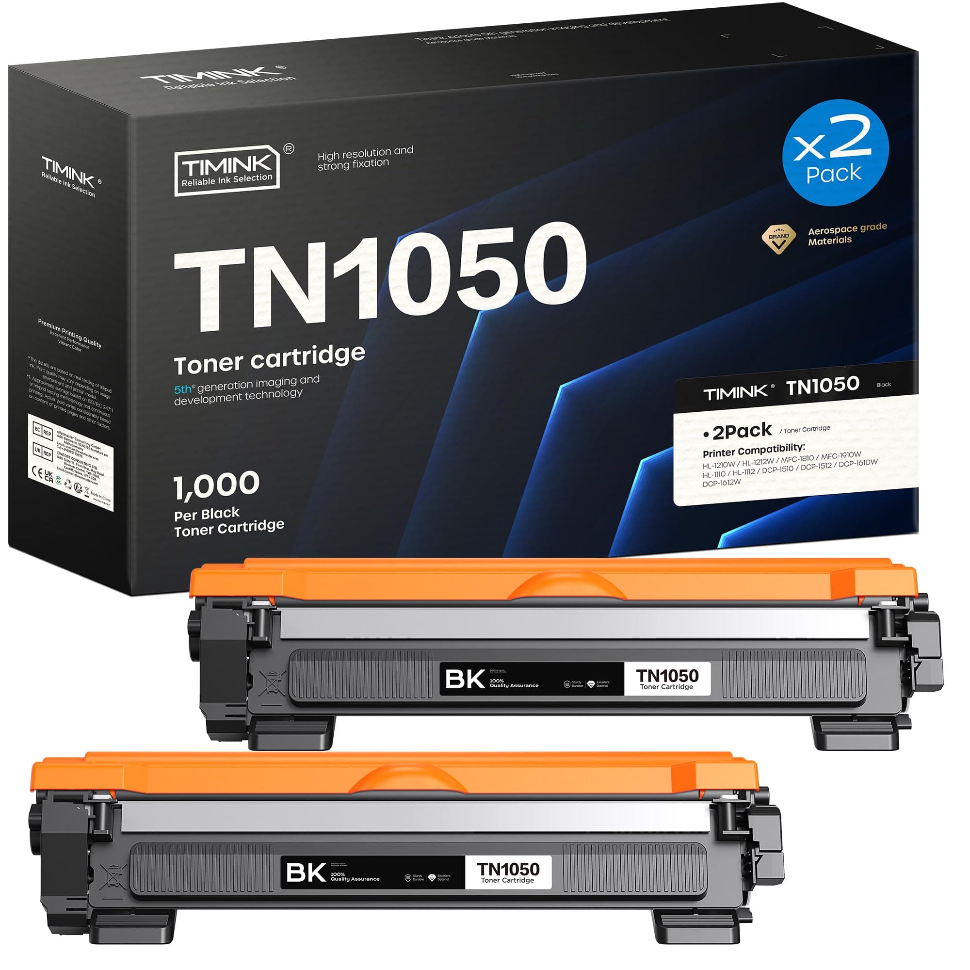TN1050 TN-1050 Toner Compatible for Brother TN 1050 Toner for Brother HL-1110 DCP-1610W HL-1210W DCP-1612W HL-1212W HL-1112 DCP-1510 DCP-1512 MFC-1810 MFC-1910W Printer (2 Black)