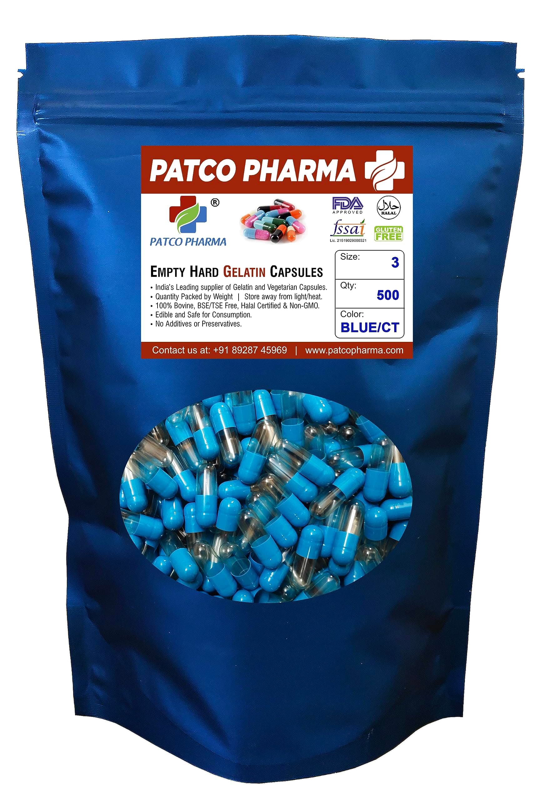 Patco Pharmaceuticals Blue/CT Empty Gelatin Capsule (Size 3) -500 Pieces