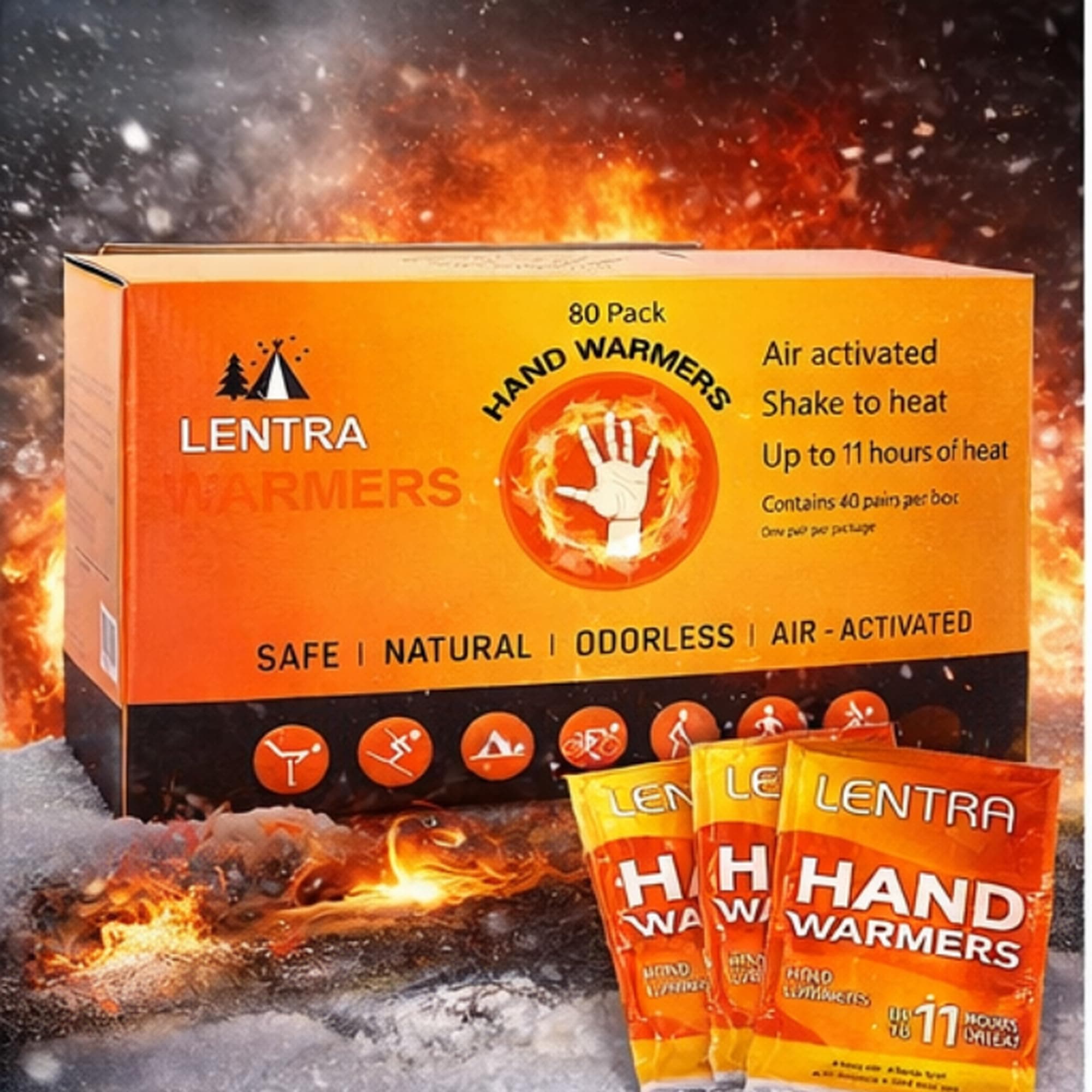 Hot Hand Warmers - 80 Count - 11 Hours Long Lasting Air Activated Heat Packs for Hands, Toes and Body, Natural Safe and Odorless Single Use Up to 11 Hours of Heat - TSA Approved