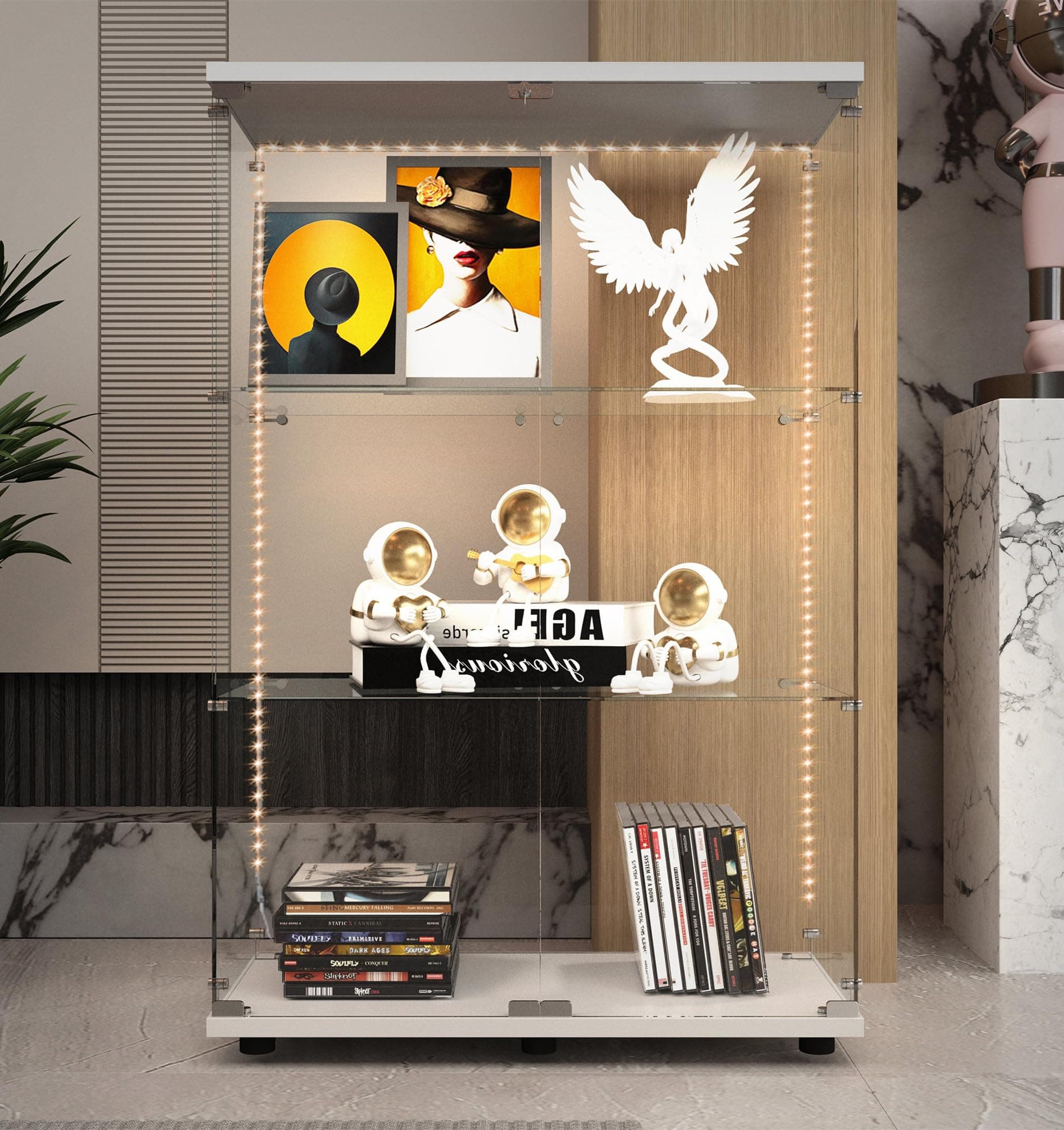 Modern Glass Display Cabinet 3-Shelf with LED Light and Lock, 2 Door Curio Cabinets,Tempered Glass Collection Display Showcase for Living Room Home Office,30.9x13.5x49 H,White