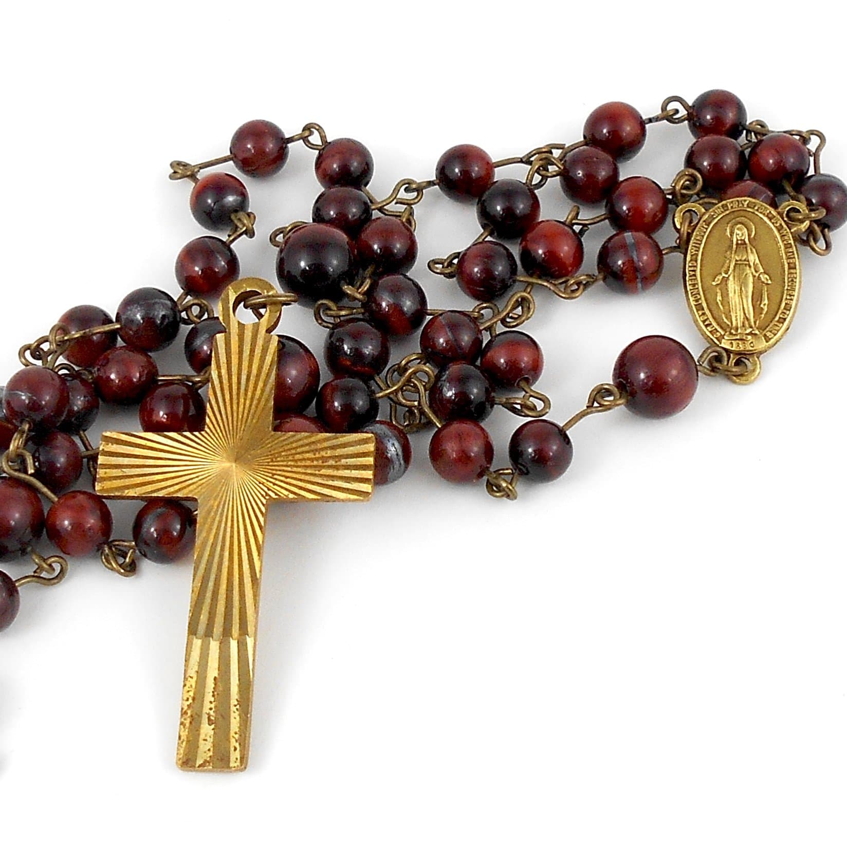Sunburst Rosary with Vintage Gold Crucifix and Red Tiger's Eye Gemstones