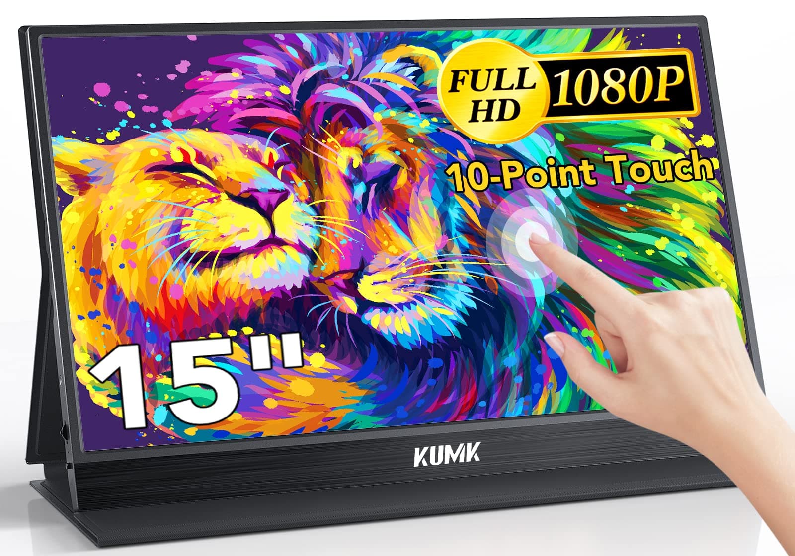 KUMK Portable Monitor Touchscreen, 15-inch 1920x1080 Full HD IPS 10-Point Capacitive Touchscreen, with Type-C & HDMI Portable Laptop Monitor, Dual Speakers for PC/Laptop/Phone/PS3/PS4/PS5/Xbox/Switch