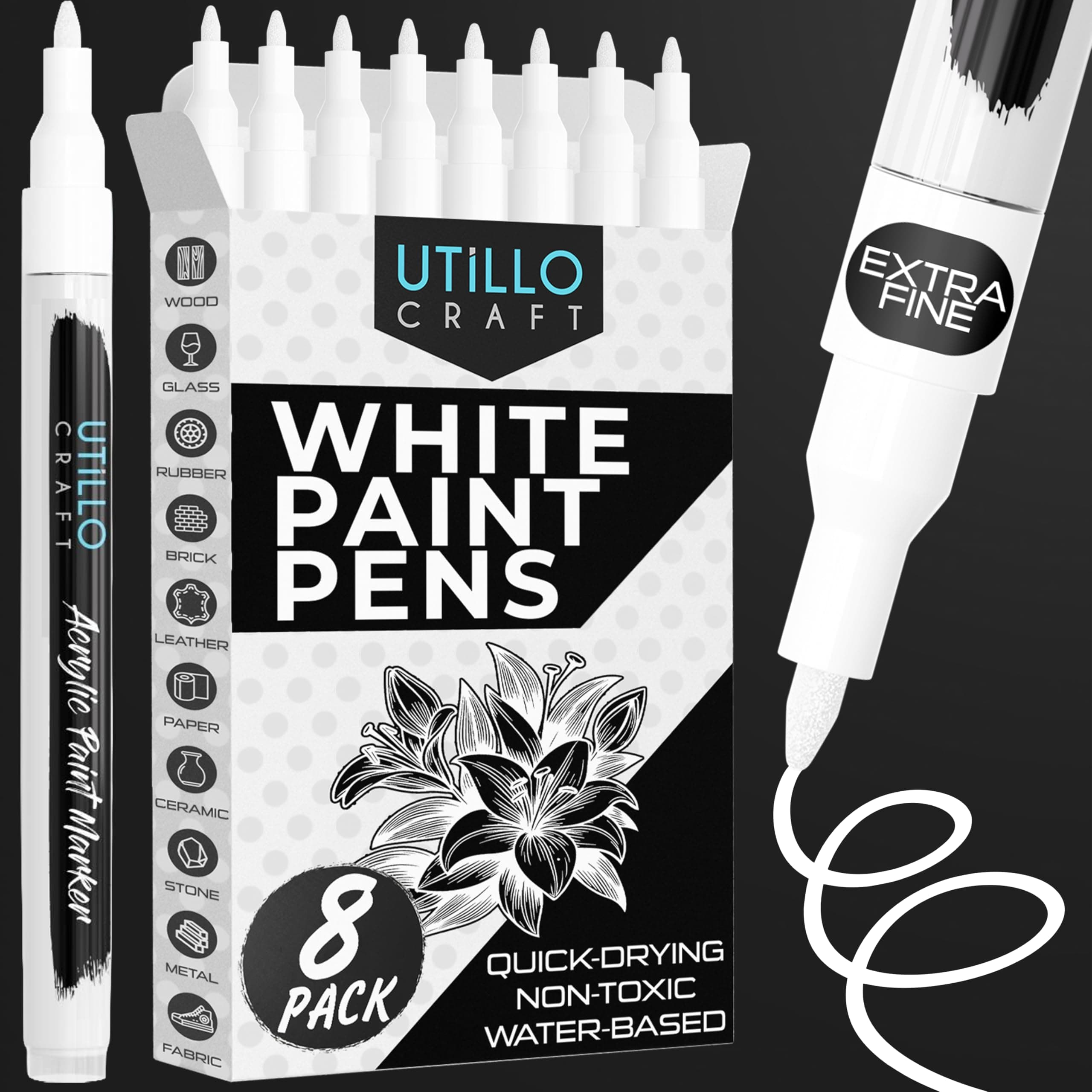 Utillo Craft White Paint Pen (8-Pack) Extra Fine 0.7mm | White Paint Markers for Metal, Fabric, Wood, Glass, Paper, Plastic, Rock, Leather | Bold Color Permanent White Acrylic Paint Pen | Artist DIY