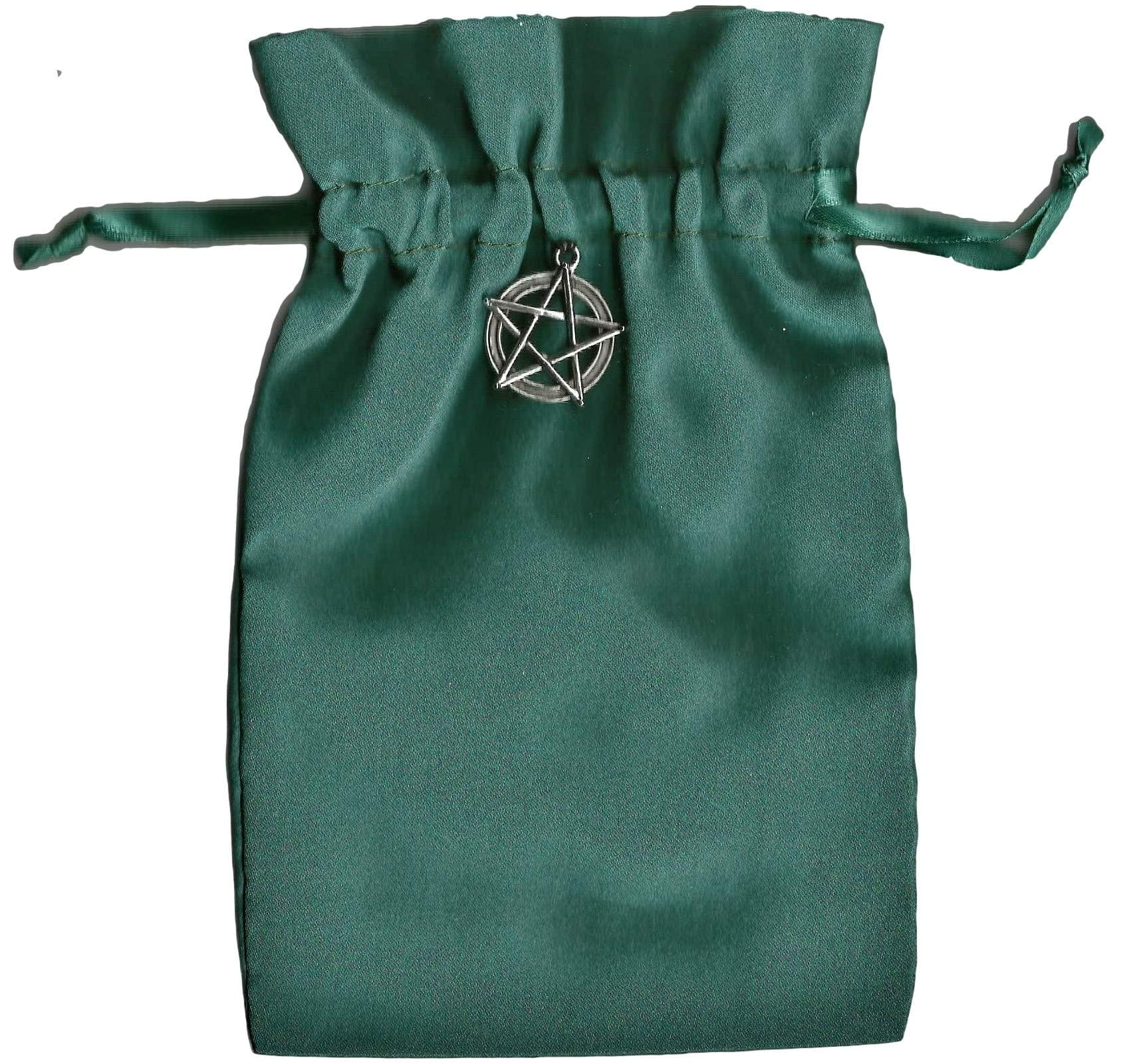 Quixotic Creations Tarot Rune Gift Bag with Pentagram Charm, Forest Green Satin 5 inch x 8 inch