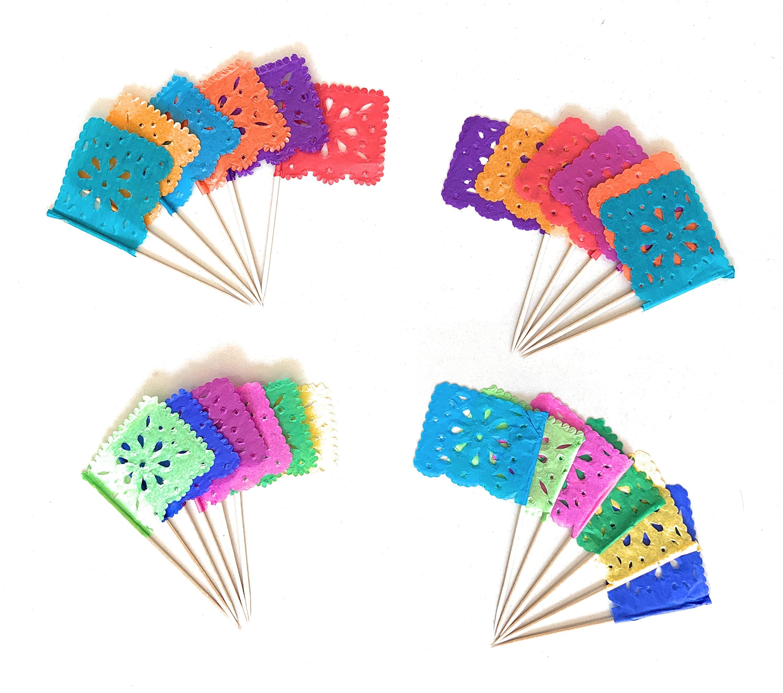 GrahmartSet of 24 Pcs Multi-Colored Mini Mexican Paper Papel Picado Tissue Banner Flags Banderita s Fiesta Party Decorations Cupcake Topper Party Banderines Flower Design