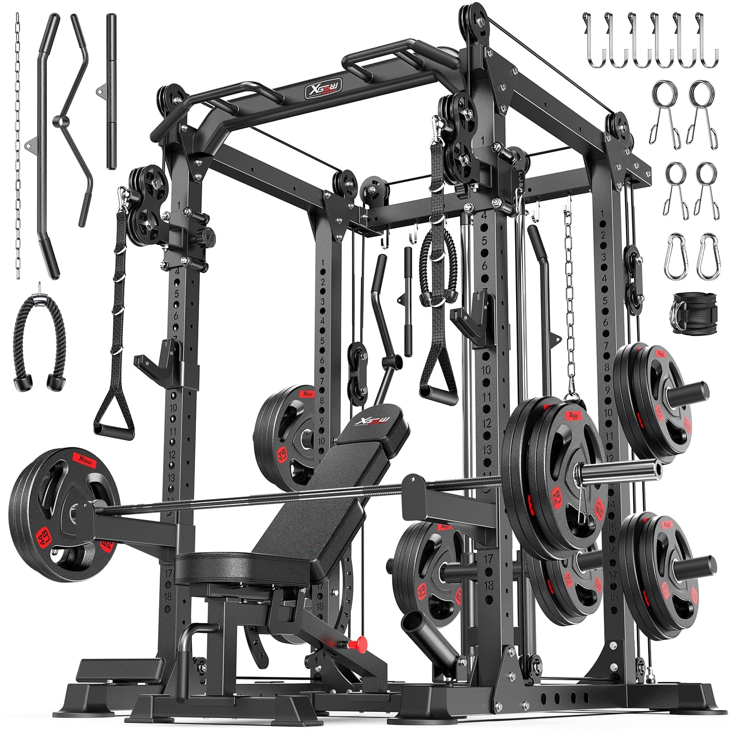 Power Cage Multi-Function Power Rack with Cable Crossover System,1800 LBS Capacity Squat Rack with Weight Bench,for Home Gym
