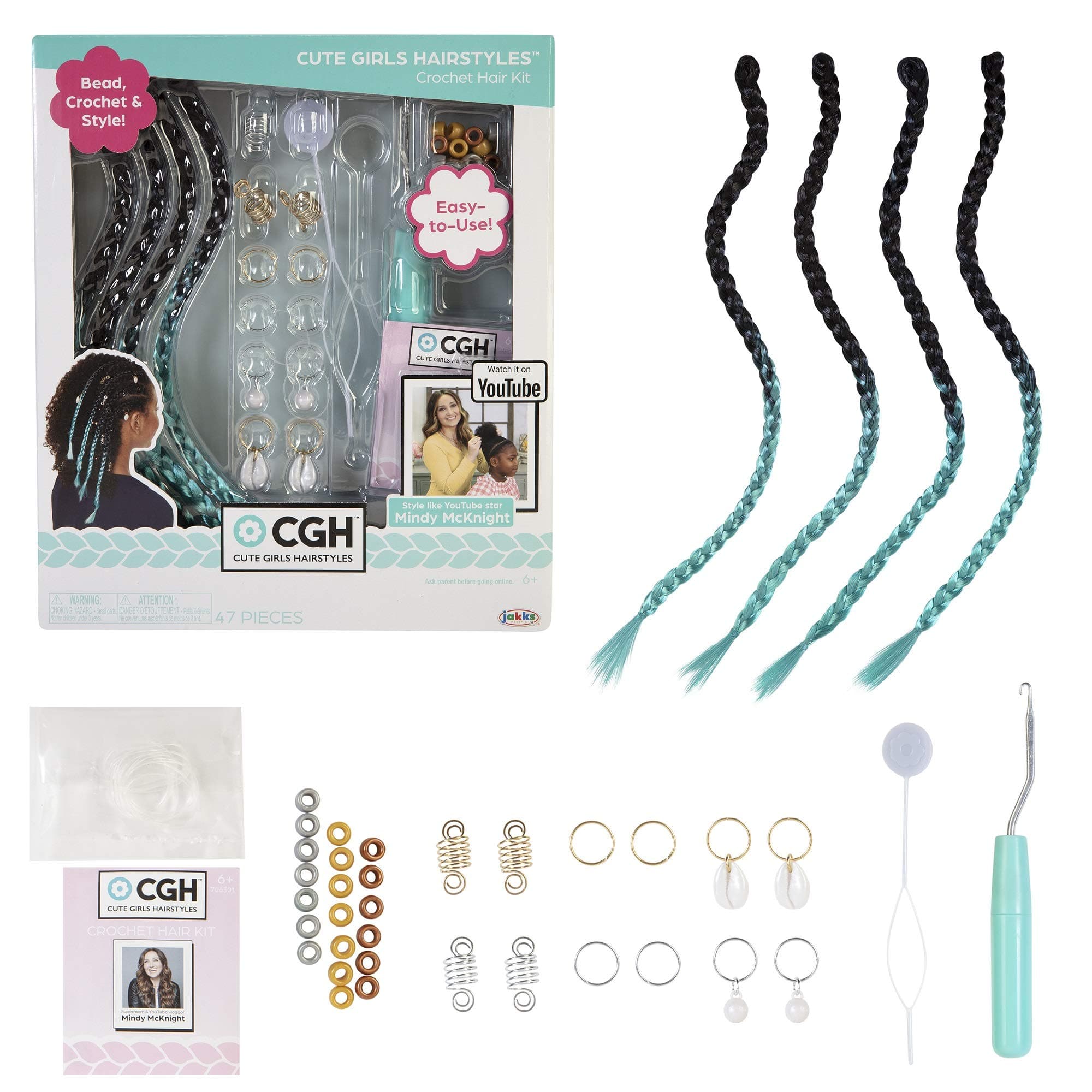 JAKKS Pacific CGH Cute Girls Hairstyles! Braid Extensions & Beads - Crochet Hair Kit