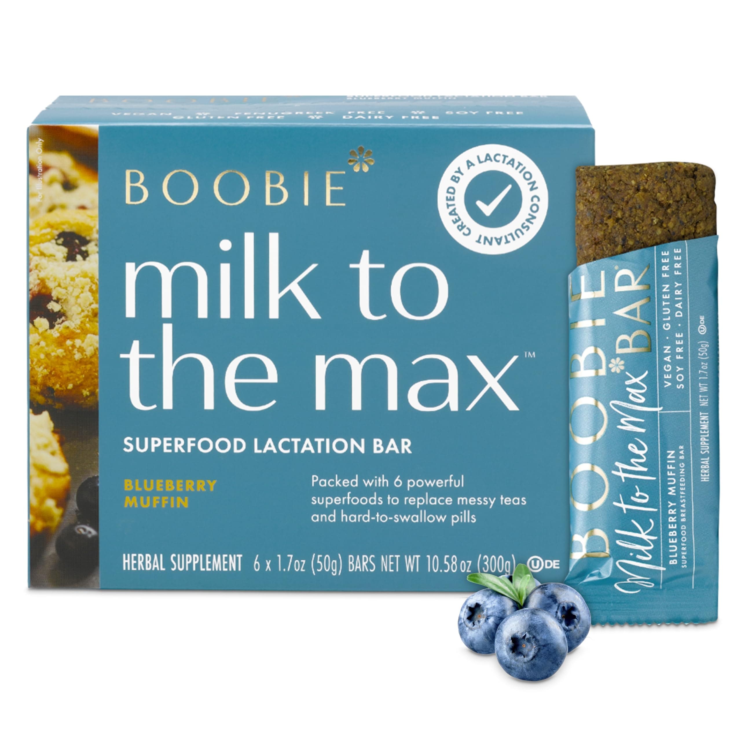Boobie Bar Superfood Blueberry Muffin Lactation Bar for Breastfeeding Moms to Increase Milk Supply | #1 Selling Lactation Snack Bars | Vegan, Fenugreek-Free, Gluten-Free, Dairy-Free (6 Bars)