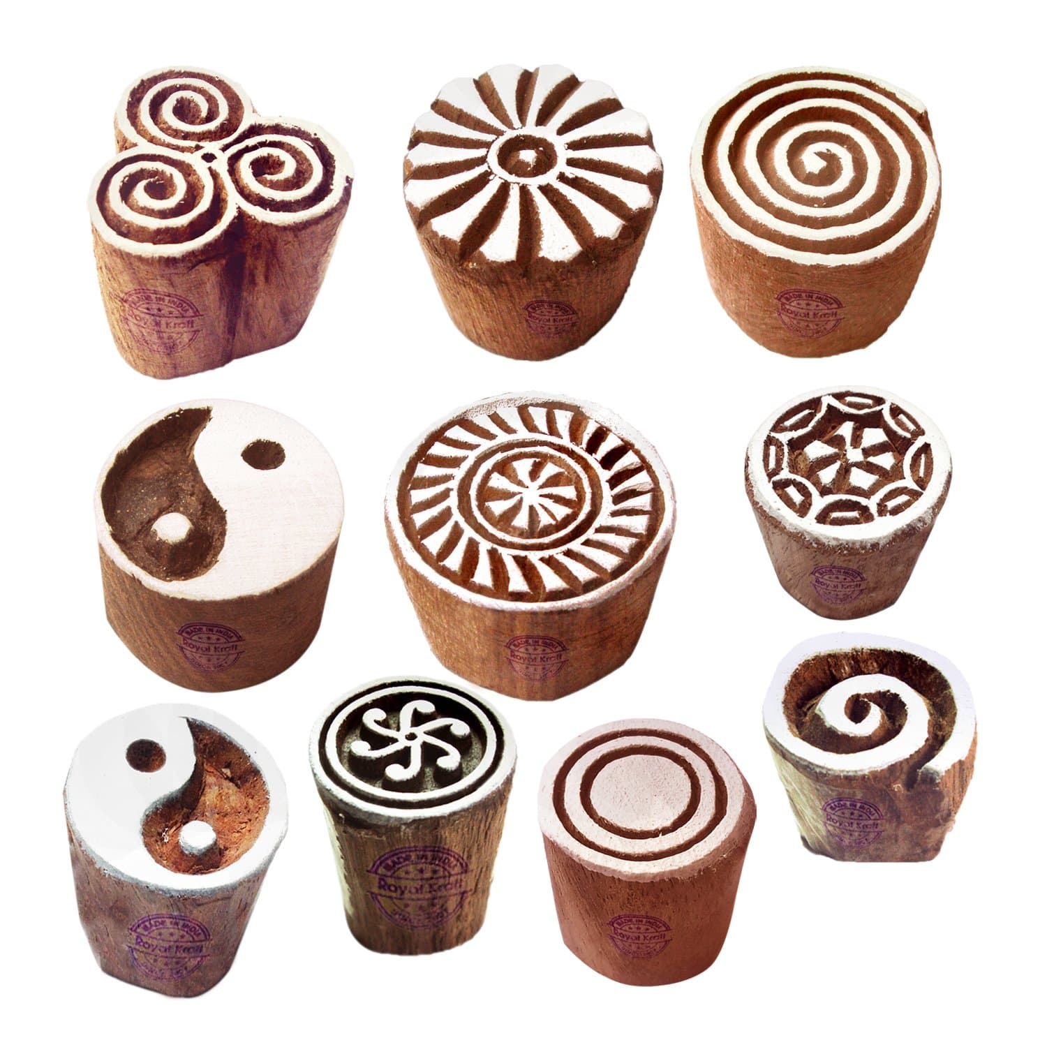 Royal Kraft Textile Wood Blocks Original Small Round Shape Printing Stamps (Set of 10)