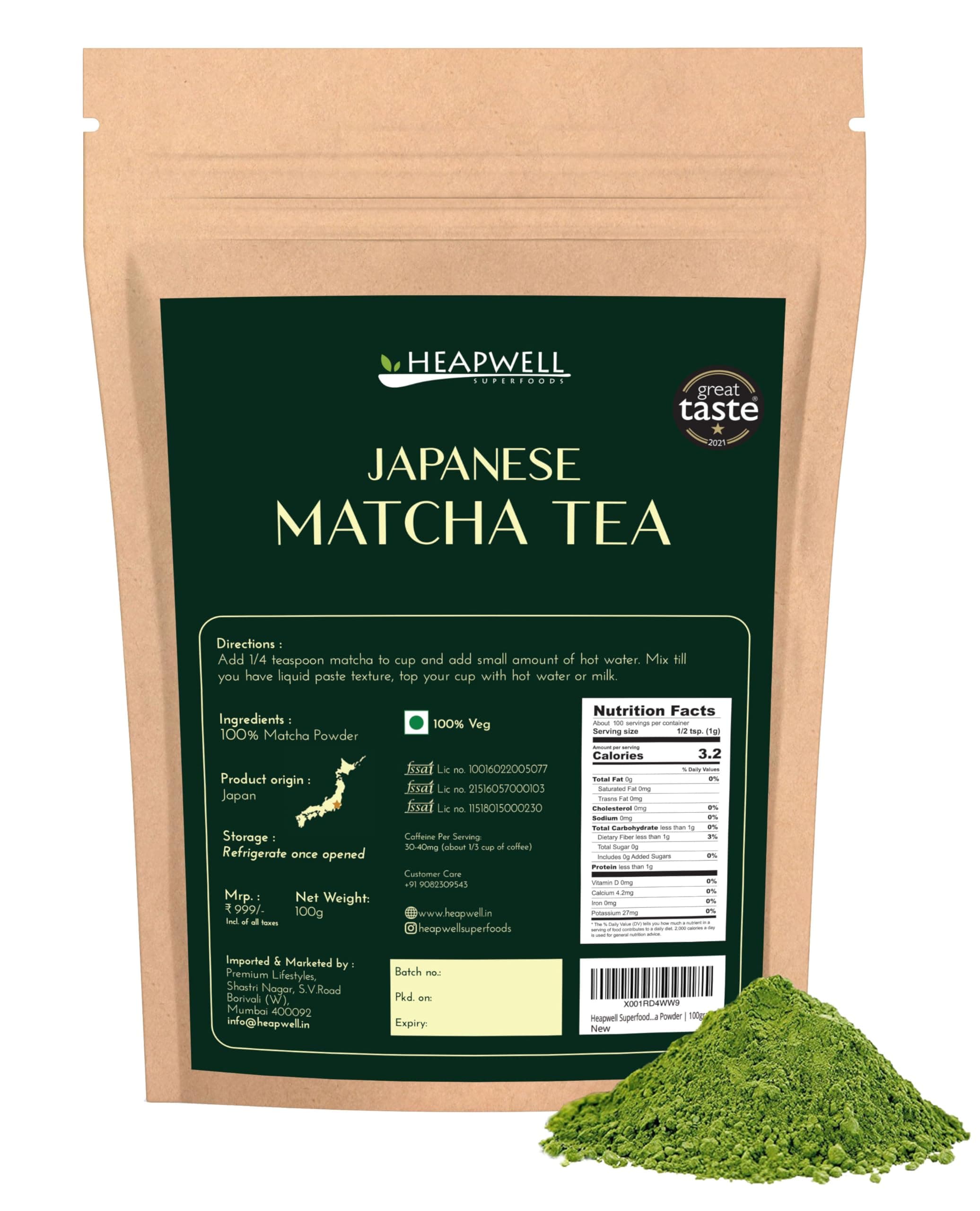 Heapwell Superfoods Japanese Premium Matcha Green Tea Powder | 100g