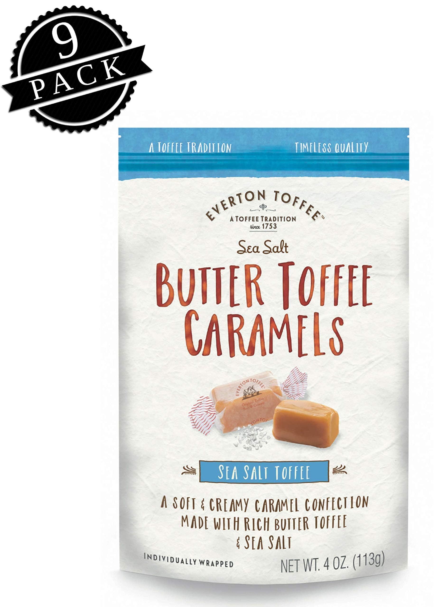 Everton Toffee Butter Toffee Caramels, Sea Salt Flavor (4 oz. bag, 9-pack). Gourmet, Artisan Soft and Creamy Toffee Caramels, Small Batch Crafted Carmel Candy Treats