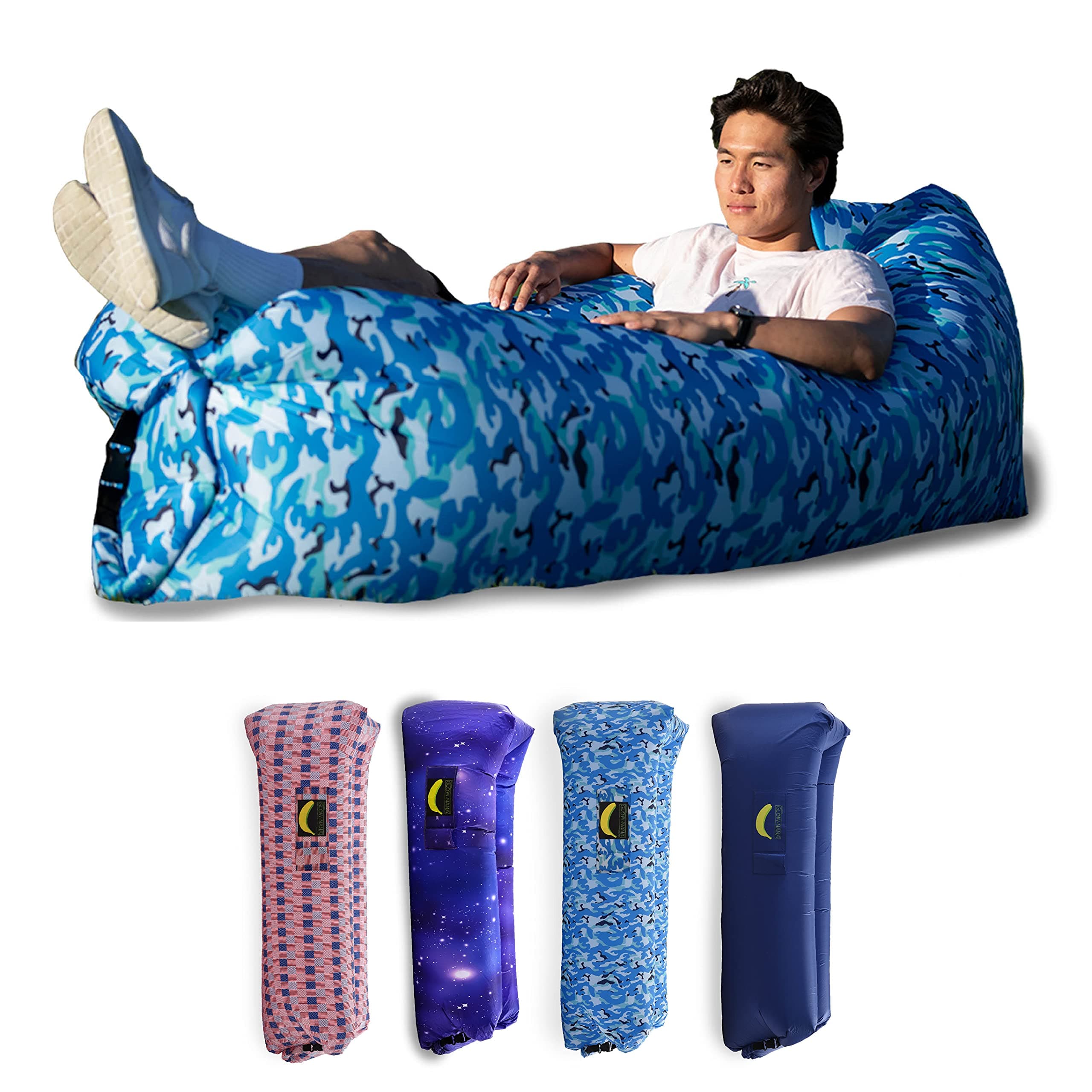 Rukket Sports Glow-Nana Inflatable Lounger, Blow Up & Light Up Air Chair & Couch for Lounging, Camping, Beach, & Festival, Sofa Hammock for Adults & Kids, LED Portable Wind Furniture Loungers